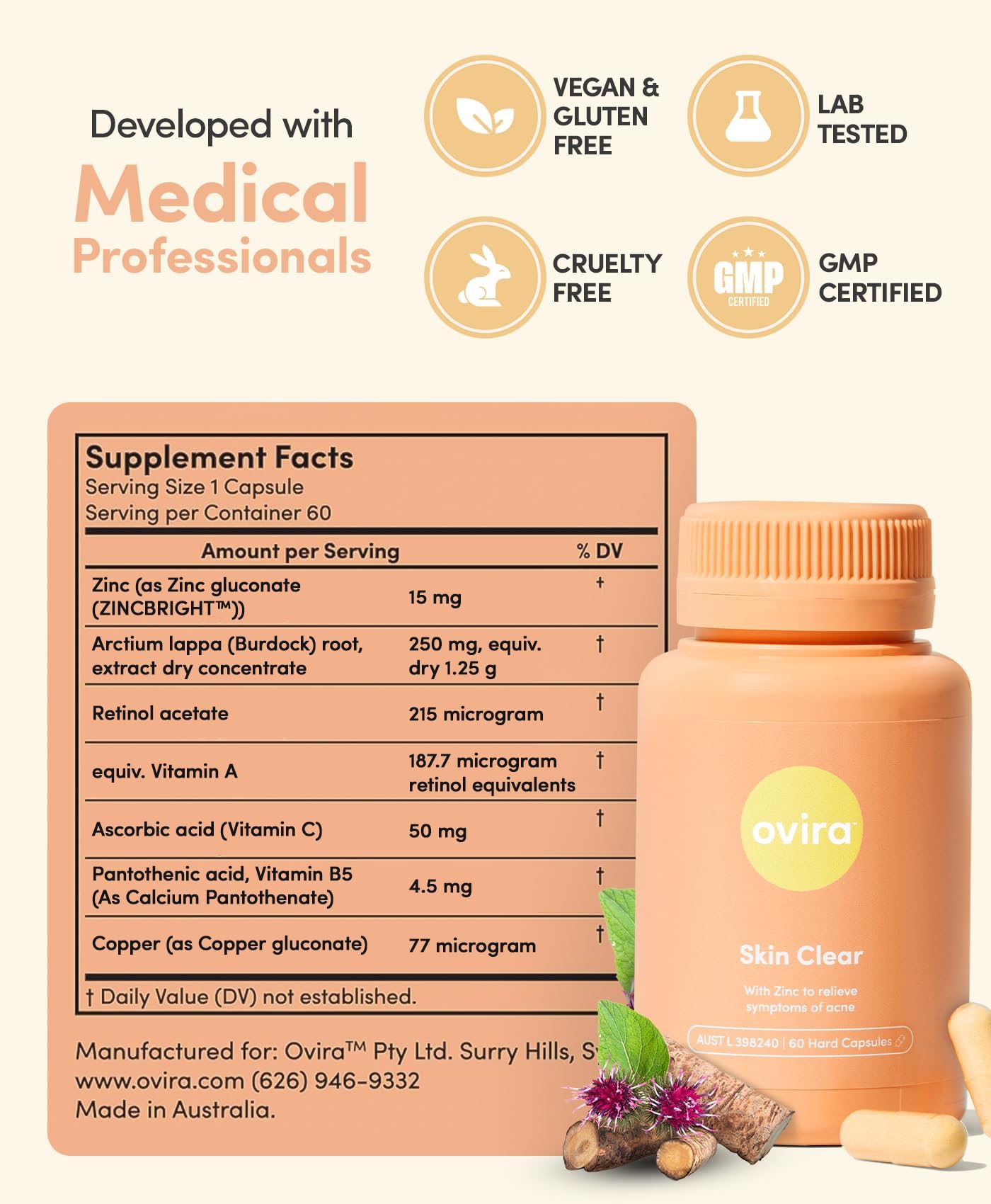 Ovira Skin Clear with ZINCBRIGHT - 60 Capsules for Clear and Glowing Skin | Rosacea & Hormonal Acne Treatment | Support Collagen Production | Acne Supplements for Women & Men - Pack of 2 Ovira buy supplements canada
