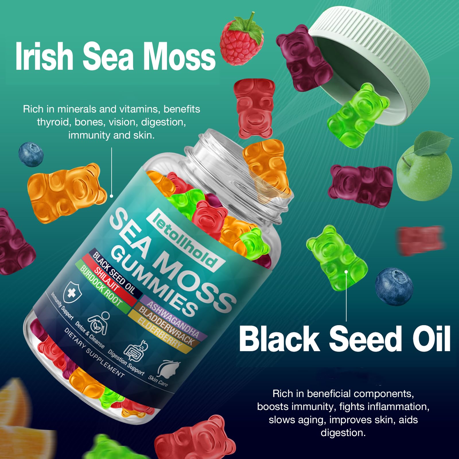 Sea Moss Gummies - Irish Sea Moss Gummies Advanced for Adults with Ashwagandha Bladderwrack & Burdock Root for Supports Immune，Energy - 60 Vegan Gummy,5PCS letollhold buy supplements canada
