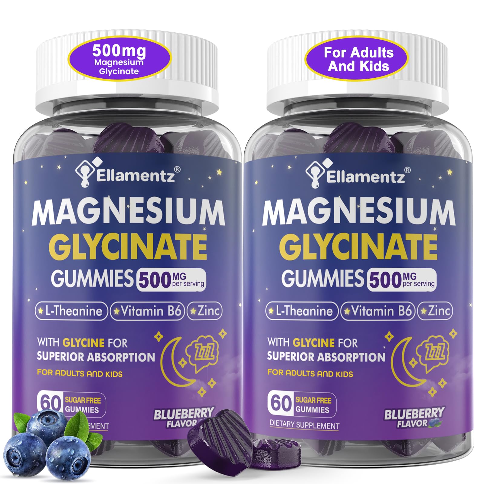 Magnesium Glycinate Gummies 500mg/250mg for Adults Kids Teens, Sugar Free Magnesium Calm Sleep Aid, Kids Sleep Gummies with L-Theanine Glycine B6 for Sleep, Calm, Muscle,Relax Brain,No Melatonin,2Pack ELLAMENTZ buy supplements canada