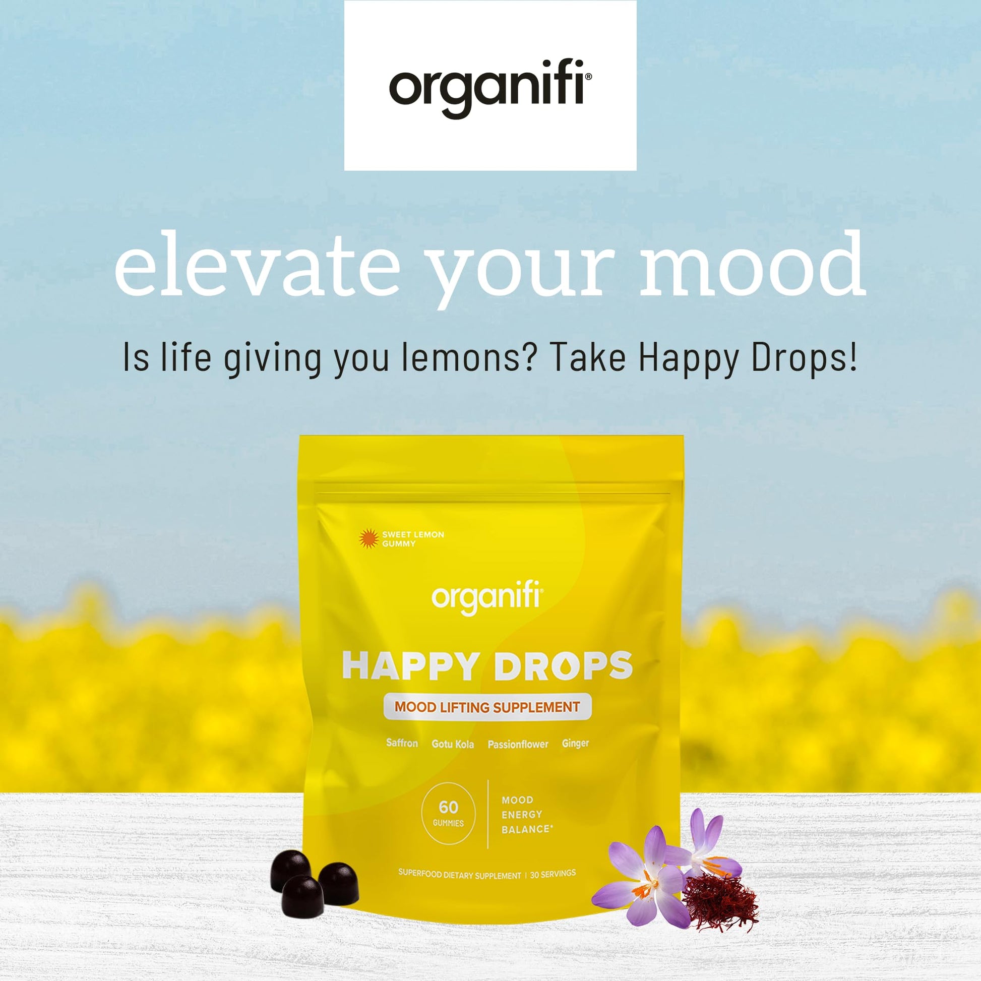 Organifi Happy Drops - Daily Superfood Happy Gummies for Adults - Mood Support Supplement for Balance, Bliss, Energy and Taking the Edge Off - Sweet Lemon Flavor - 60 Gummies Organifi buy supplements canada