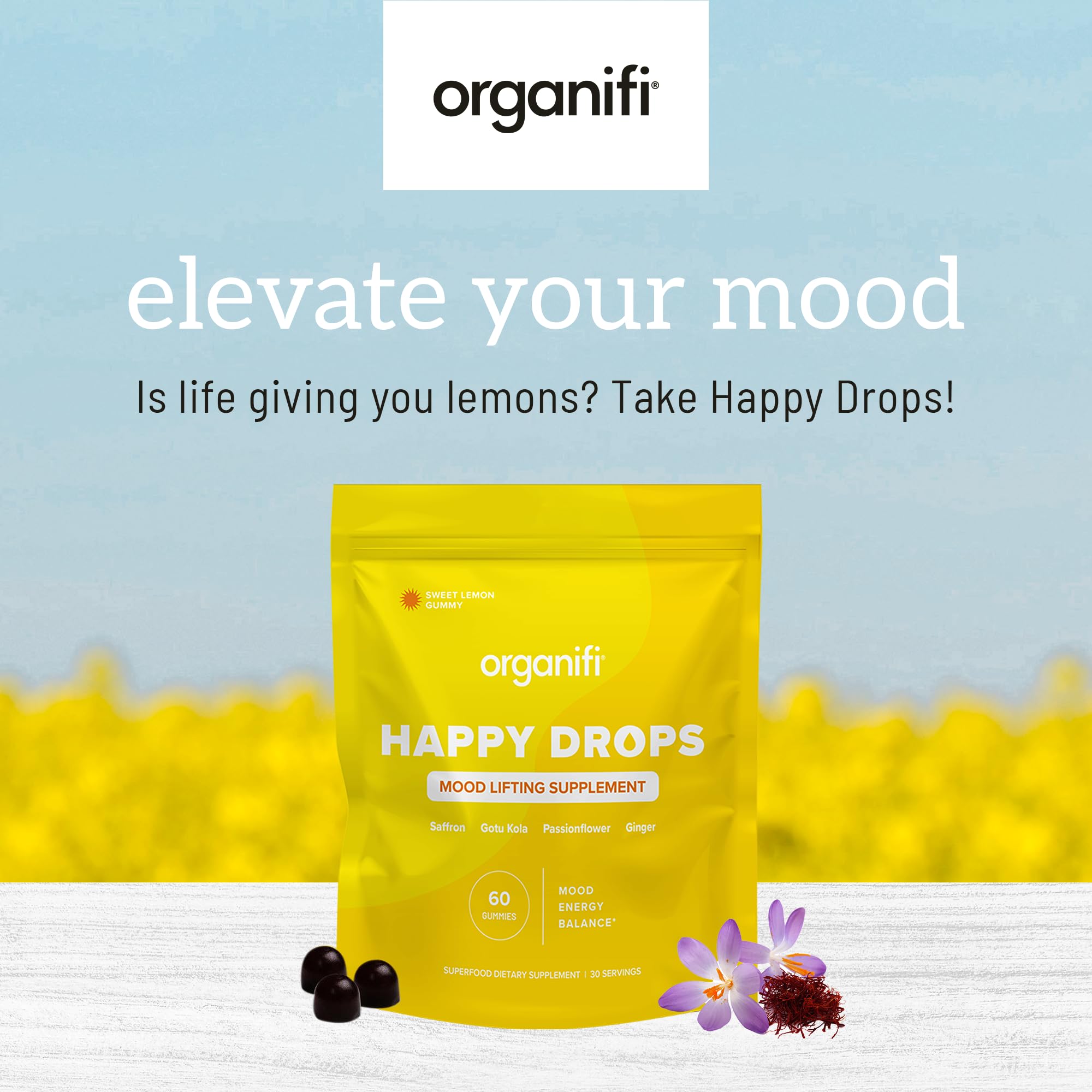 Organifi Happy Drops - Daily Superfood Happy Gummies for Adults - Mood Support Supplement for Balance, Bliss, Energy and Taking the Edge Off - Sweet Lemon Flavor - 60 Gummies Organifi buy supplements canada