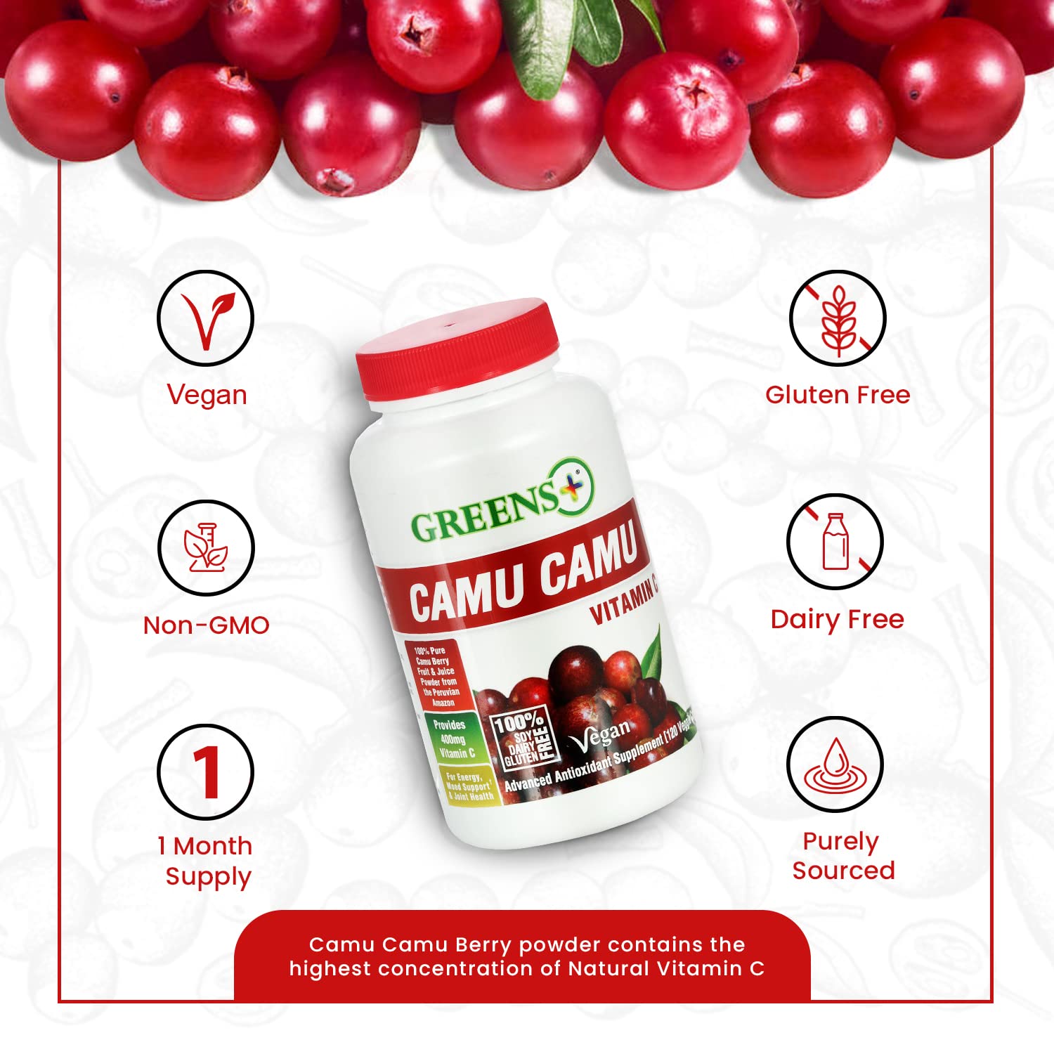 Greens+ Organic Reds Superfood Powder Camu Camu Dietary 400mg Vitamin C SuperFruit Supplement 120 Capsules, 100% Natural, Vitamins & Minerals, Vegan, Soy/Dairy/Gluten Free Greens+ buy supplements canada