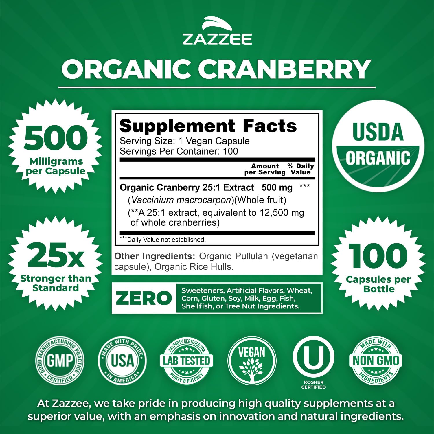 Zazzee USDA Organic Cranberry 25:1 Extract, 500 mg per Capsule, 100 Vegan Capsules, 3+ Month Supply, Certified Kosher, Vaccinium Macrocarpon, Urinary Tract & Bladder Support Zazzee buy supplements canada
