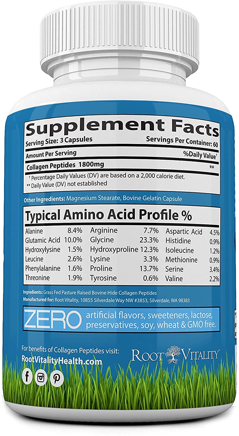 Root Vitality Collagen Peptides Capsules - Grass-Fed, Pasture-Raised Hydrolyzed Protein Supplement for Skin, Hair, & Nails - Non-GMO, Zero Sugar Daily Pills for Men & Women (180 Capsules) Root Vitality buy supplements canada