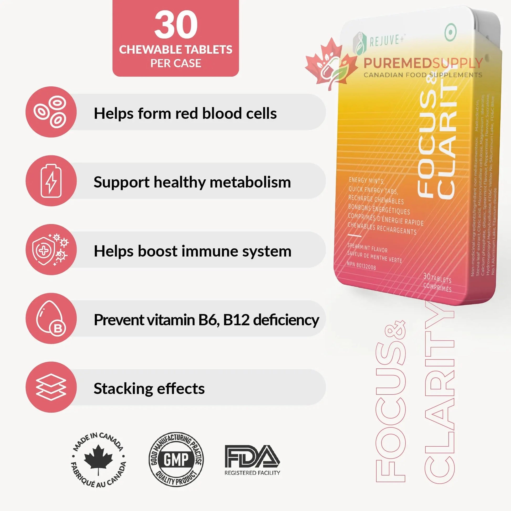 REJUVE+ Focus & Clarity Nootropic Supplement – Brian Boost | L-Theanine, Caffeine, Lion’s Mane, Magnesium, Vitamin B6 & B12 | Brain Support, Memory, Focus & Energy | Mint Flavor (30 Chewables) (1) REJUVE+ buy supplements canada