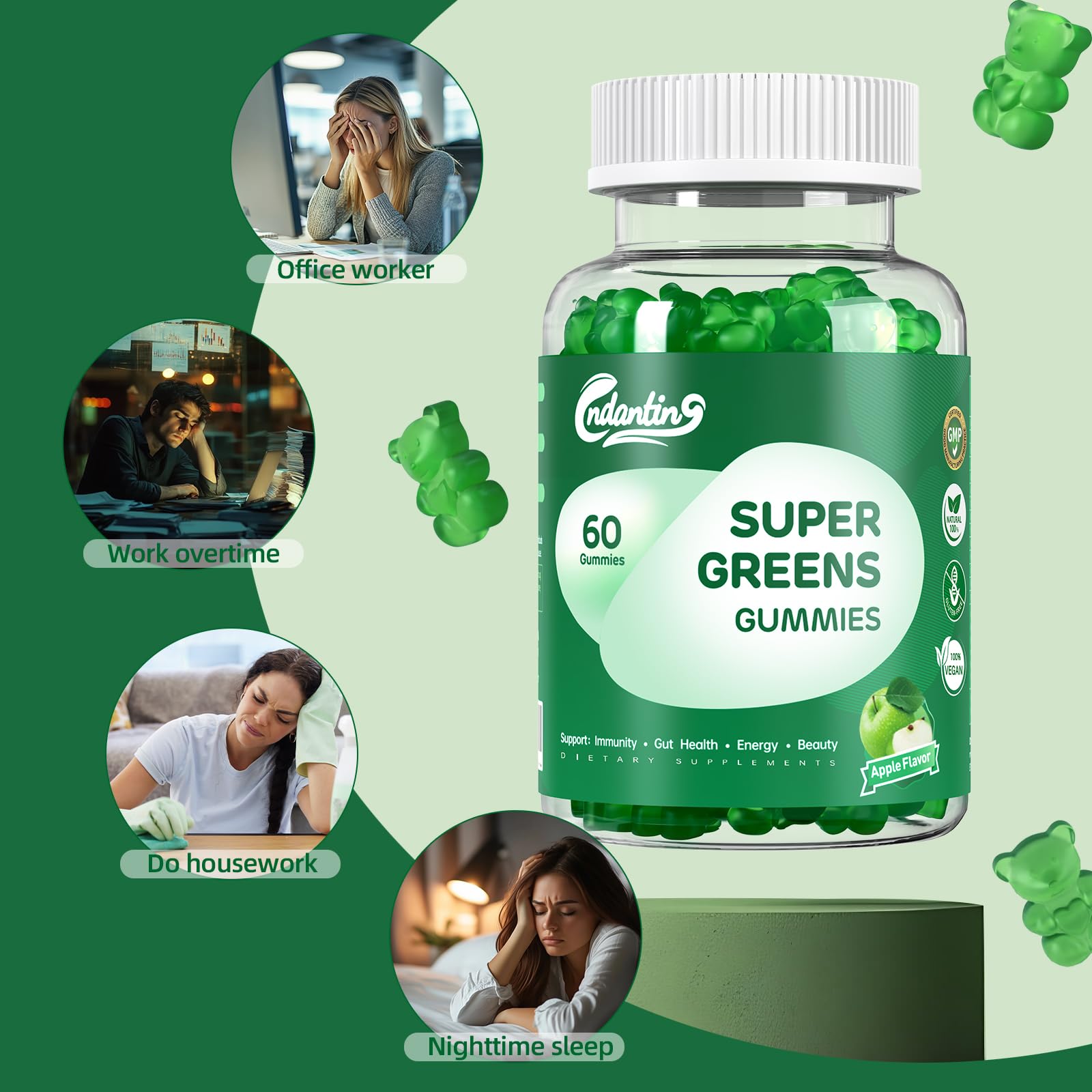 Multivitamin Super Greens Gummies - Daily Vegan Gummy Vitamins for Women, Apple Flavor | Organic Blend with Vitamin C, Turmeric, Zinc, Immune Support, Energy Booster, Metabolism | 60 Count CNDANTING buy supplements canada