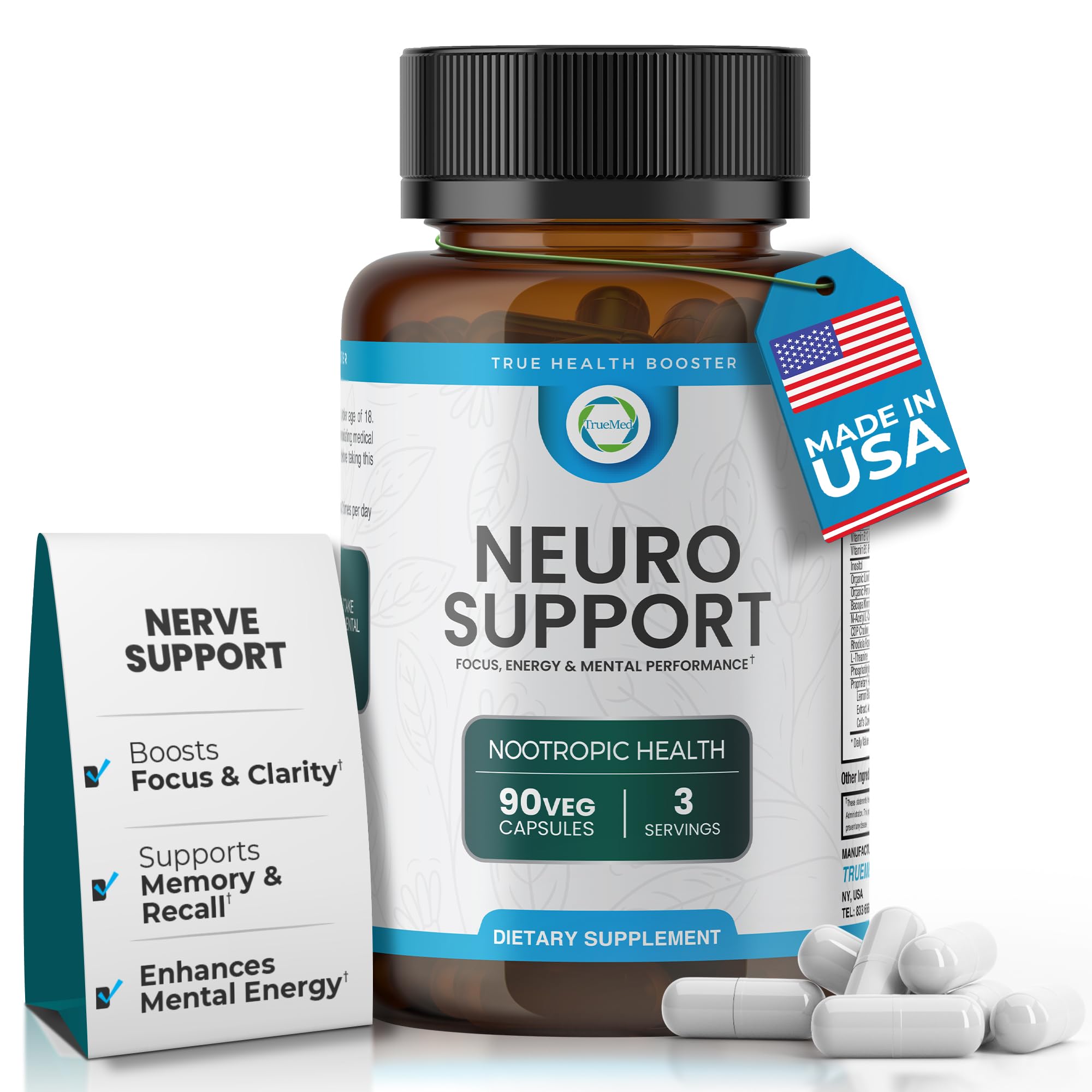 TrueMed Neuro Support - Premium Nootropic Supplement for Focus, Energy, Mental Clarity, and Performance Organic Lion’s Mane, Bacopa Monnieri, Rhodiola, Non-GMO Gluten-Free CDP Choline 90 Veg Capsules TRUEMED buy supplements canada
