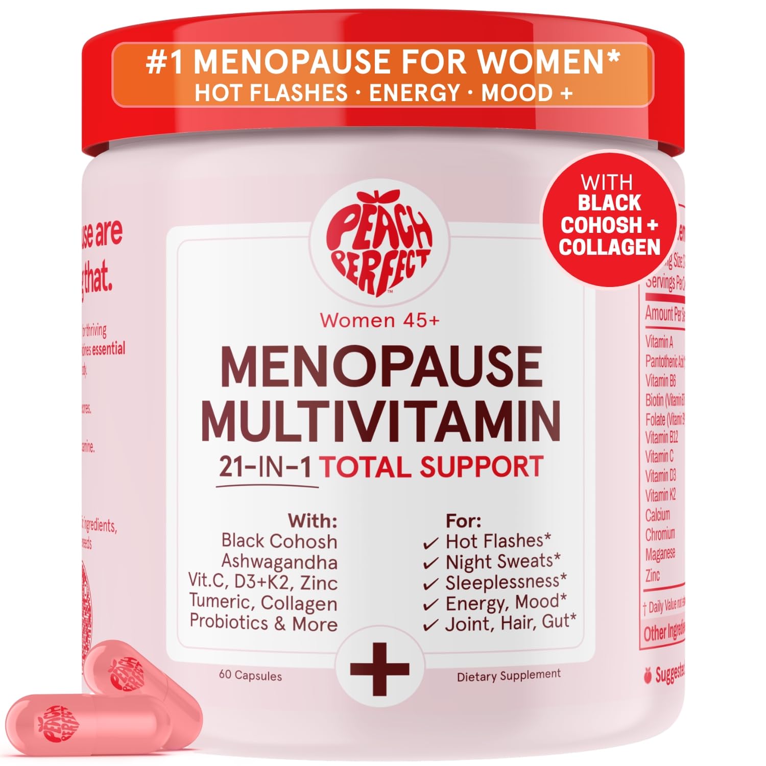 Peach Perfect Menopause Multivitamin | 21 Vitamins for Women 45+ | Black Cohosh, Ashwagandha, Vitamin D3+K2, Probiotics & Collagen | Support for Hot Flashes, Mood Swings, Joint & Skin Health | 30 SVG Peach Perfect buy supplements canada