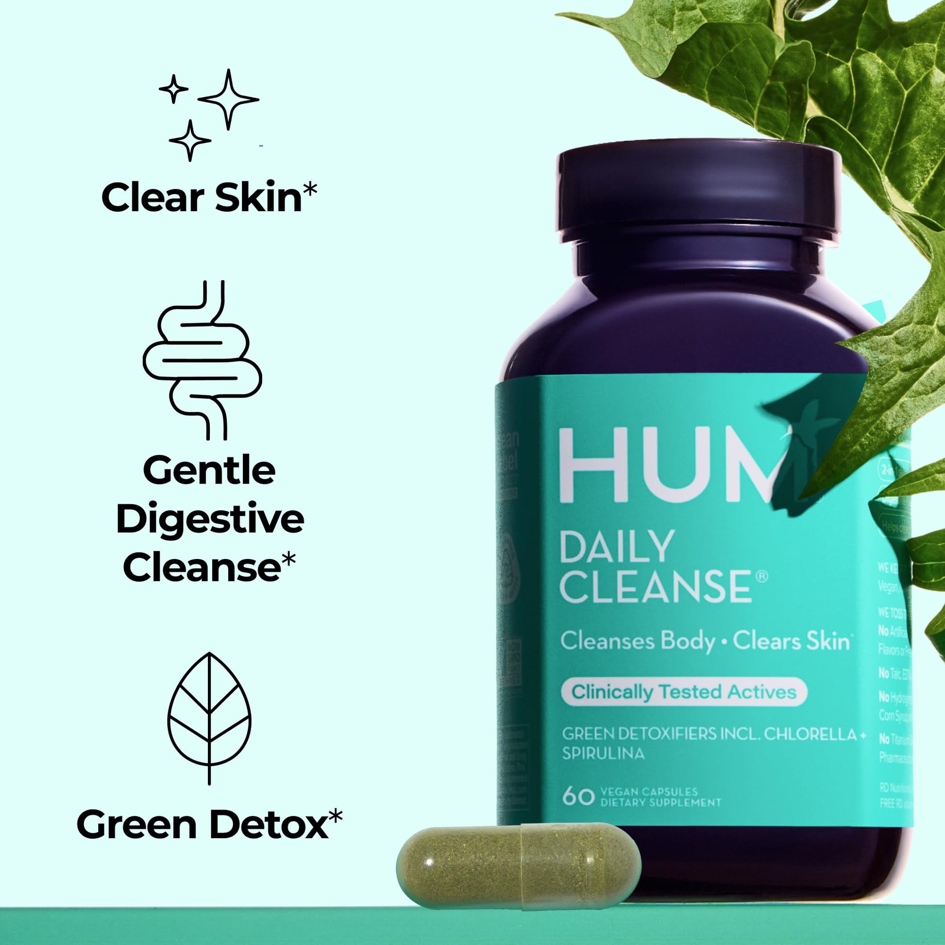 HUM Daily Cleanse Acne Supplements for Women & Men, Gentle Digestive Cleanse for Clear Skin Support, Zinc, Spirulina, Chlorella, Detoxifying Herbs, Organic Algae, Skin Vitamins Supplement, 60 Capsules HUM buy supplements canada