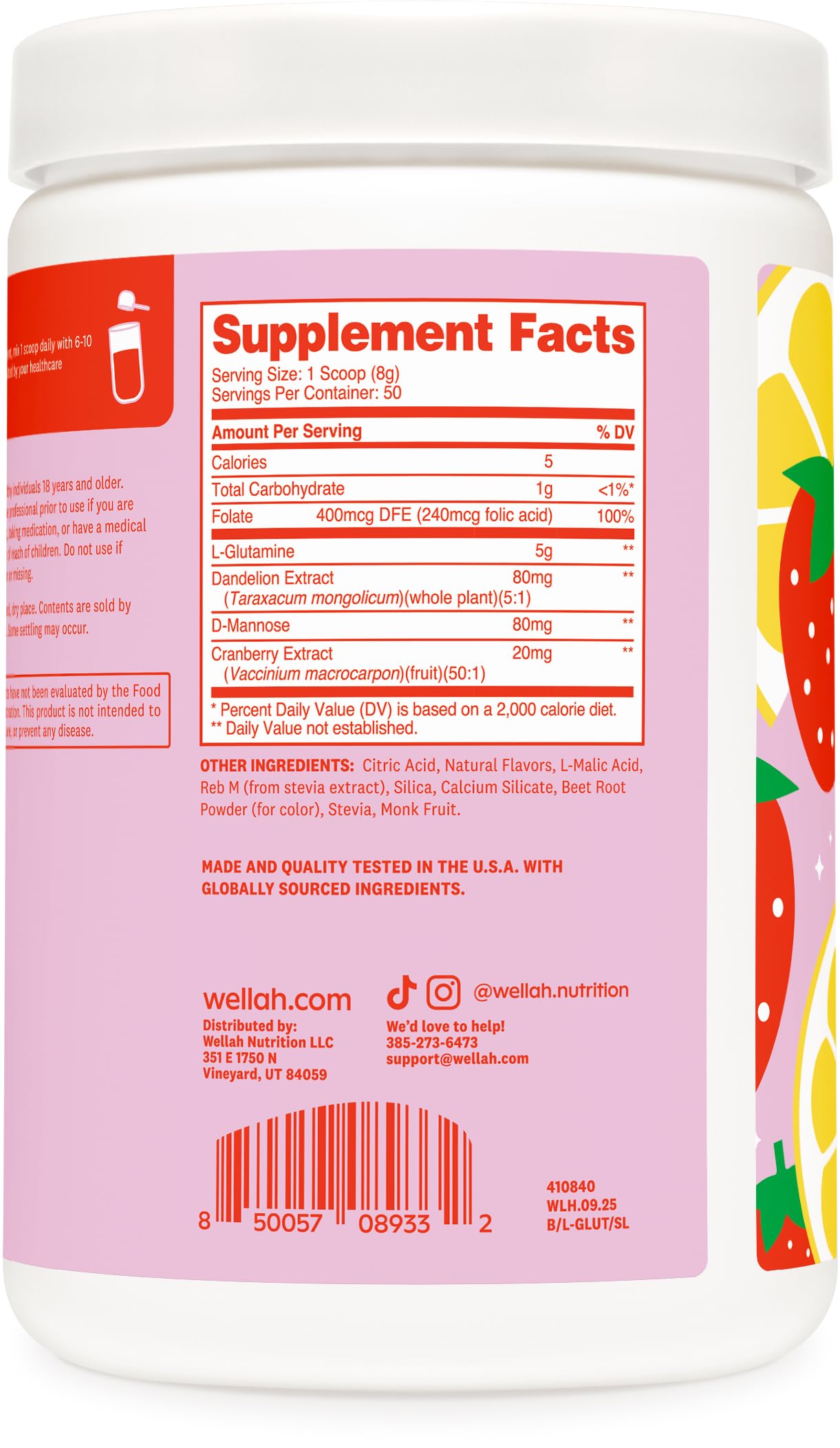 Wellah L-Glutamine Strawberry Lemonade Flavored (50 Servings) - 5g L-Glutamine Per Serving, Sweetened with Stevia Wellah buy supplements canada