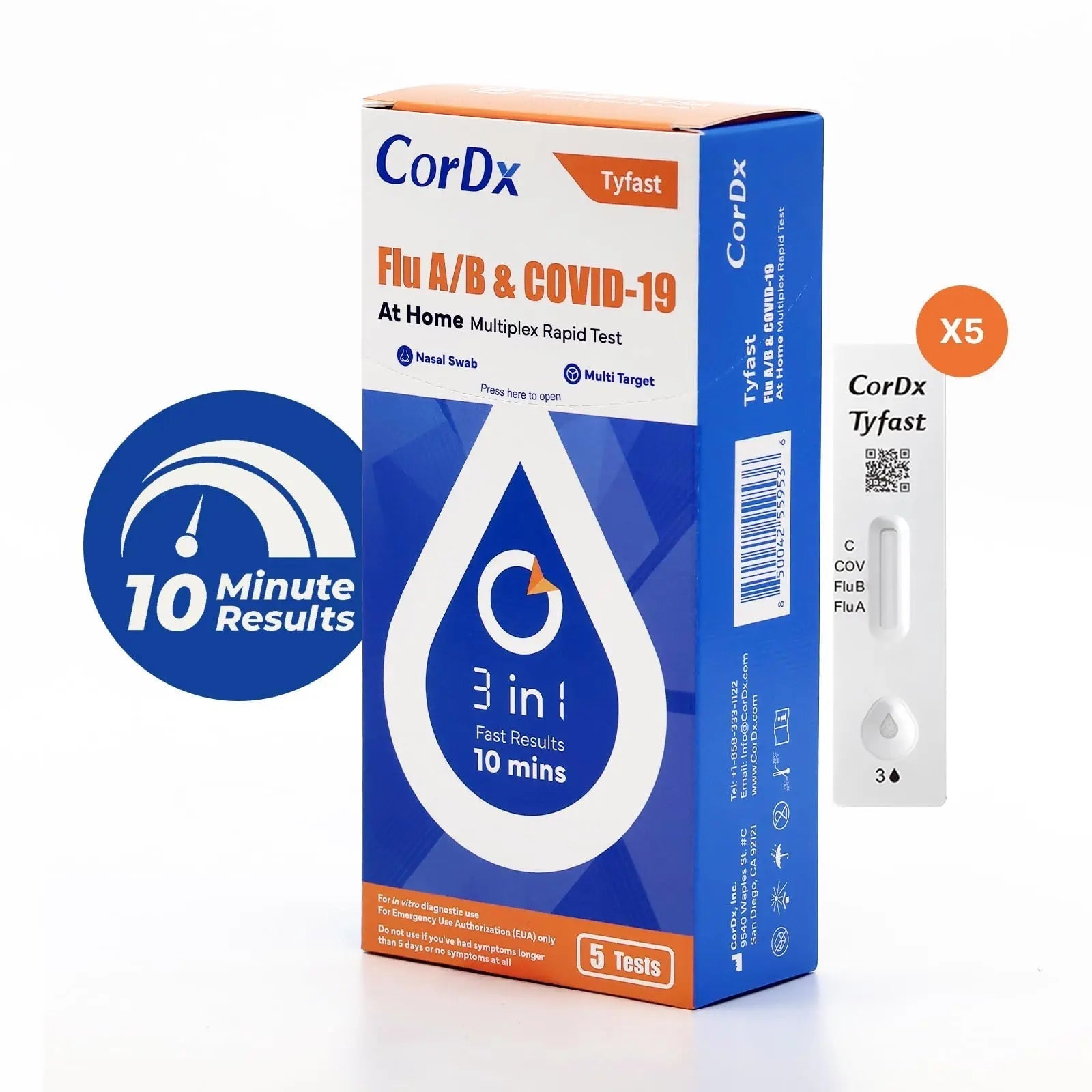 CorDx TyFast at Home Flu A/B & COVID-19 Multiplex Rapid Test Kit, Easy, Accurate, Fast Results in 10 Minutes, 3 in 1 Combo Kit, 5 Tests CorDx buy supplements canada