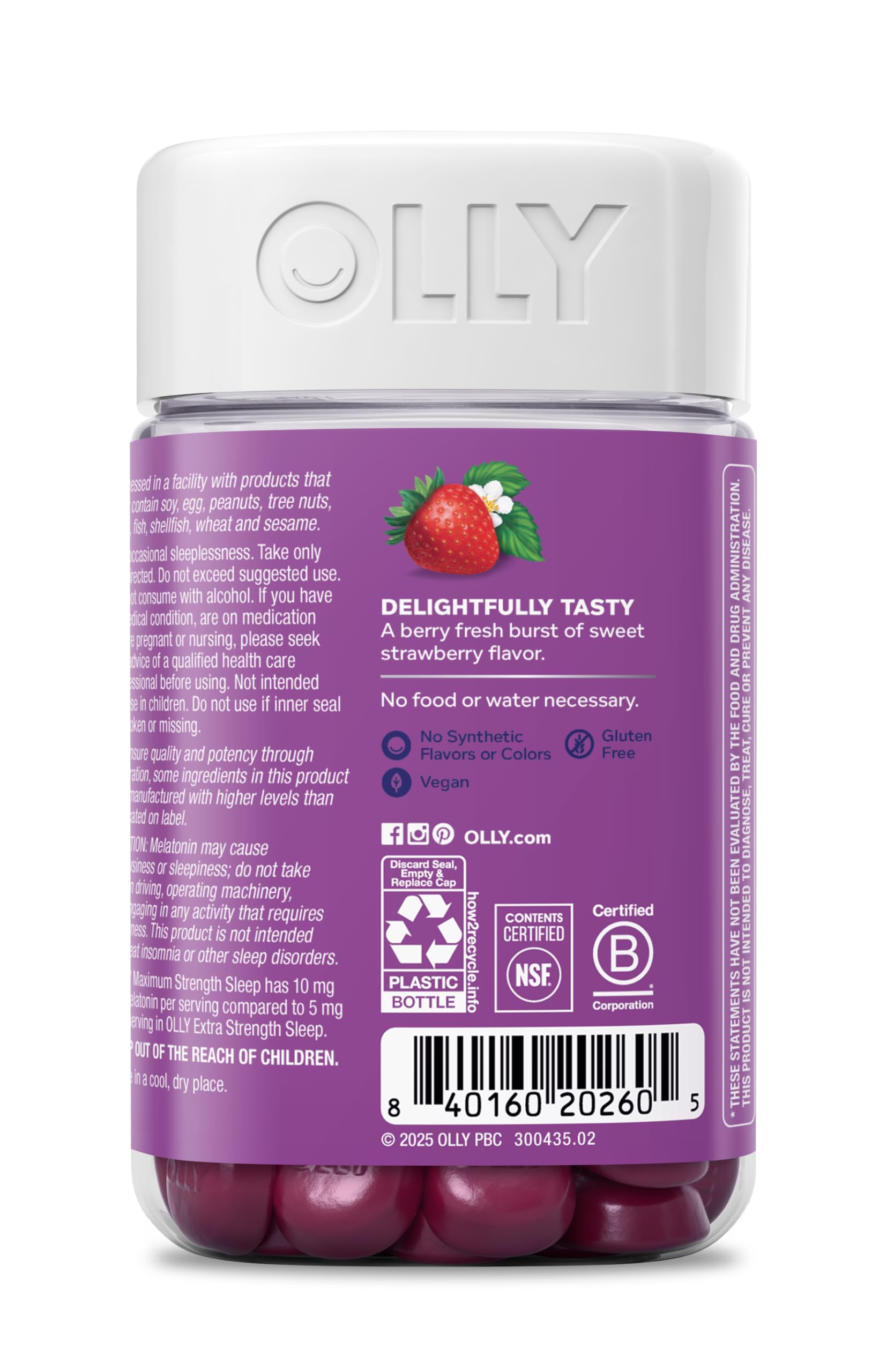 OLLY Max Strength Sleep Gummy, 10mg Melatonin, L-Theanine, Chamomile, Lemon Balm, Sugar Free, Vegetarian Sleep Aid, Strawberry - 70 Count OLLY buy supplements canada