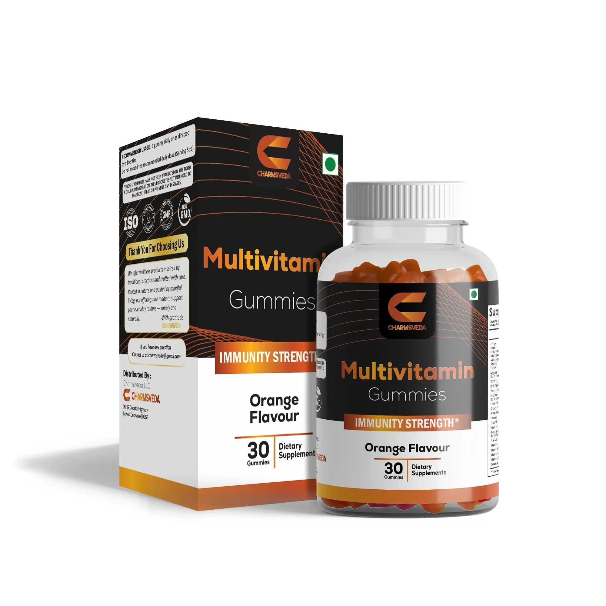 CHARMSVEDA Multivitamin Gummies – Energy, Immunity & Overall Wellness with DHA, Vitamin C, Zinc & Antioxidants – Orange Flavour – 30 Gummies CHARMSVEDA buy supplements canada
