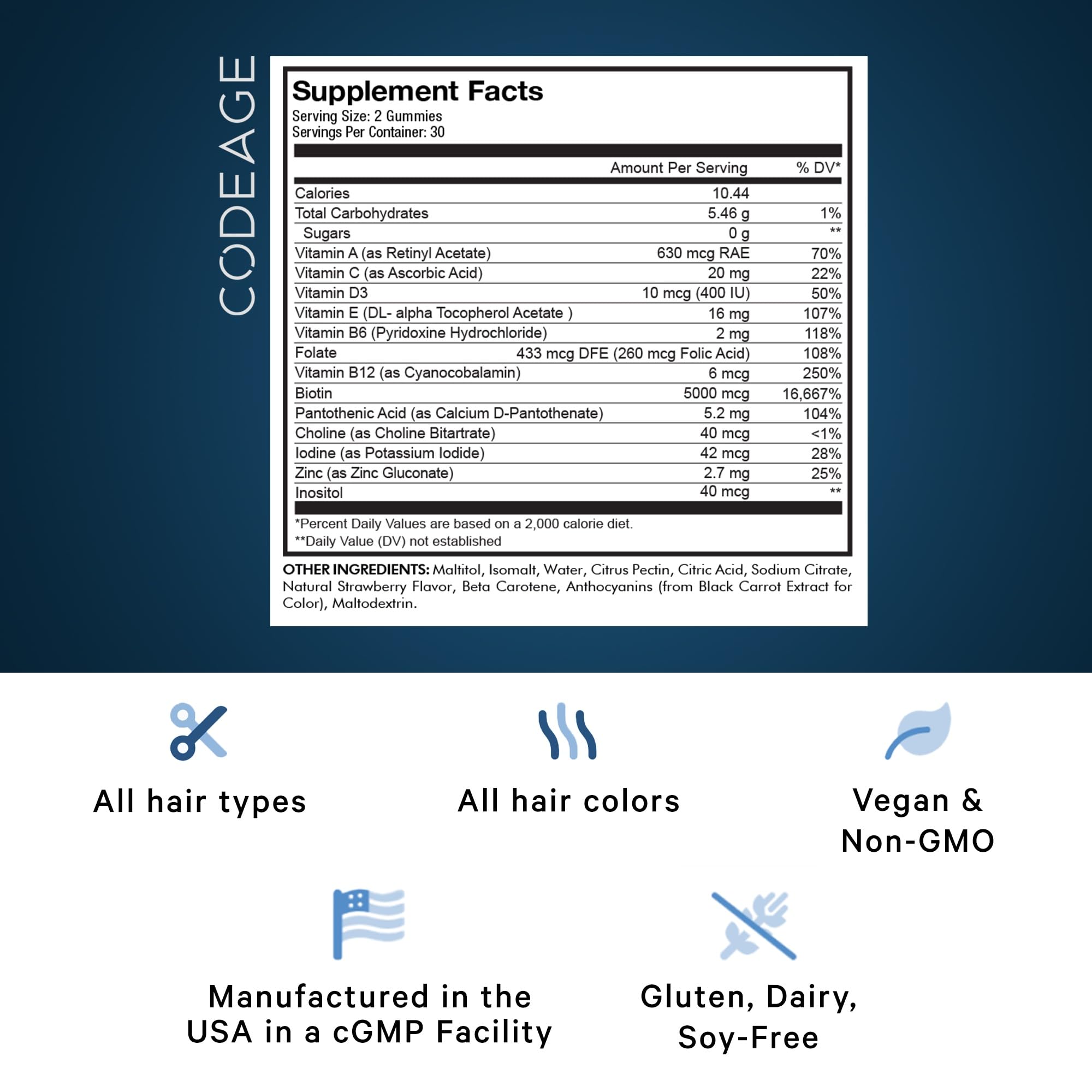 Codeage Hair Gummies, Biotin 5000 mcg, Sugar Free Growth Gummy Vitamins A, C, B6, B12, D3, Zinc, Inositol Supplement Codeage buy supplements canada
