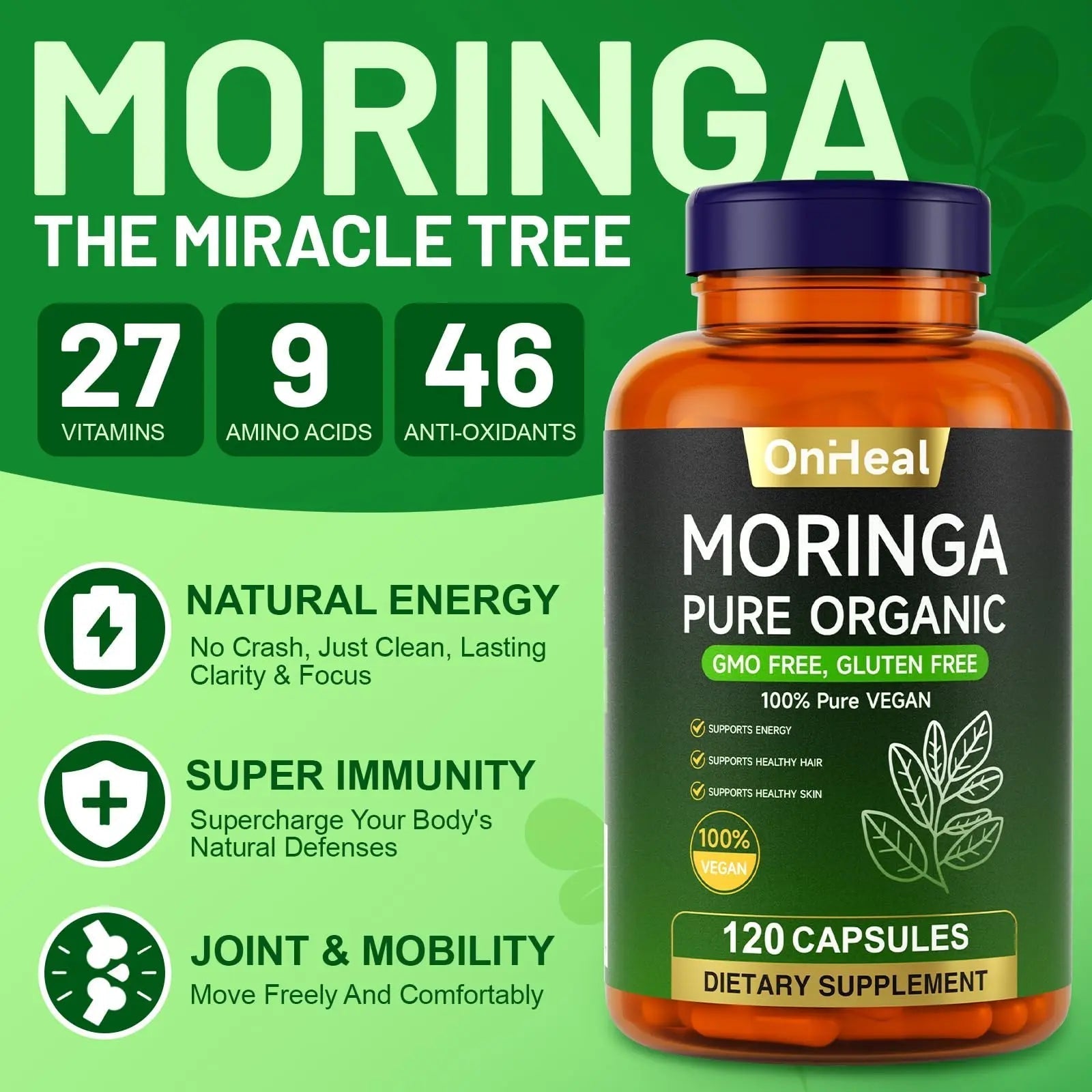 YBFQ Organic Moringa Capsules 1000 mg, 120 Count - Moringa Capsules with Organic Olefeira Powder, Supports Healthy Hair and Skin, Energy and Balance YBFQ buy supplements canada