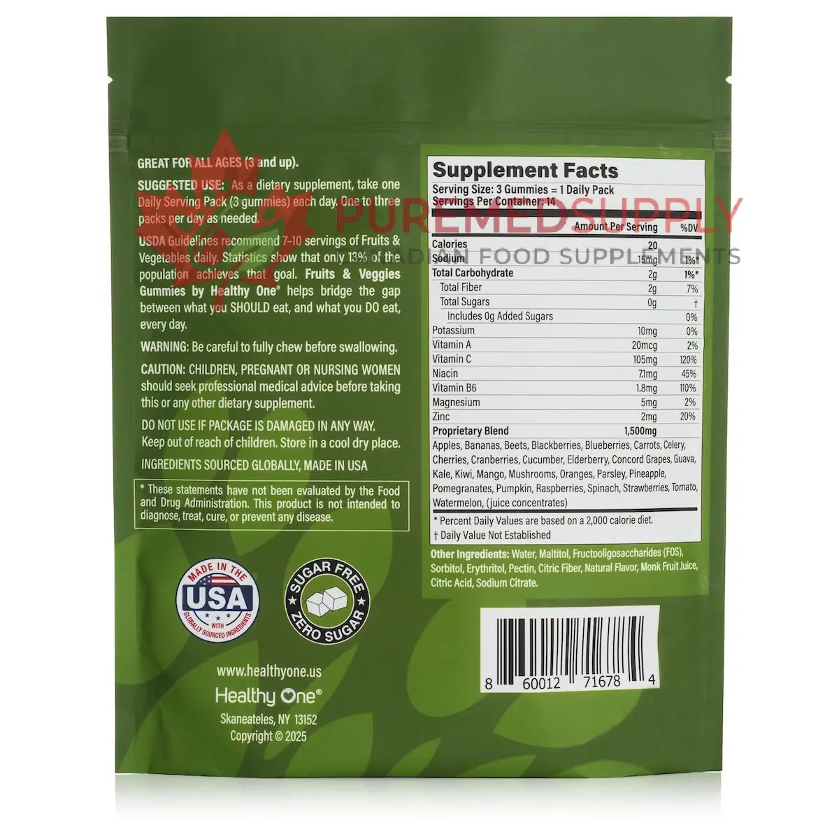 Fruits & Veggies Sugar-Free Gummies - 27 Whole Foods - Equals 3 Servings of Fruits & Vegetables - Improve Energy, Focus & Immune Function - Fiber - Antioxidants - Organic Ingredients - 14 Packets Healthy One buy supplements canada