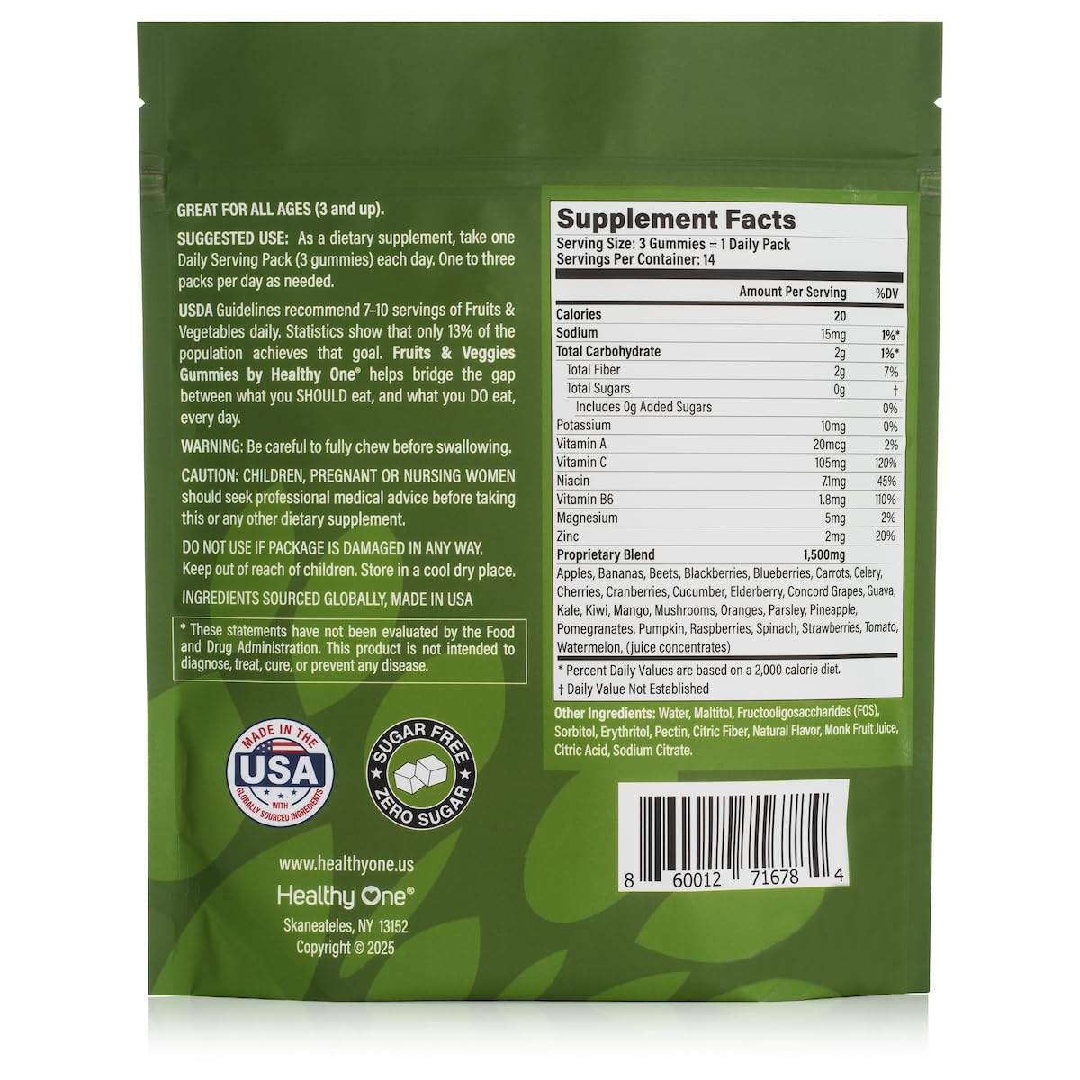 Fruits & Veggies Sugar-Free Gummies - 27 Whole Foods - Equals 3 Servings of Fruits & Vegetables - Improve Energy, Focus & Immune Function - Fiber - Antioxidants - Organic Ingredients - 14 Packets Healthy One buy supplements canada