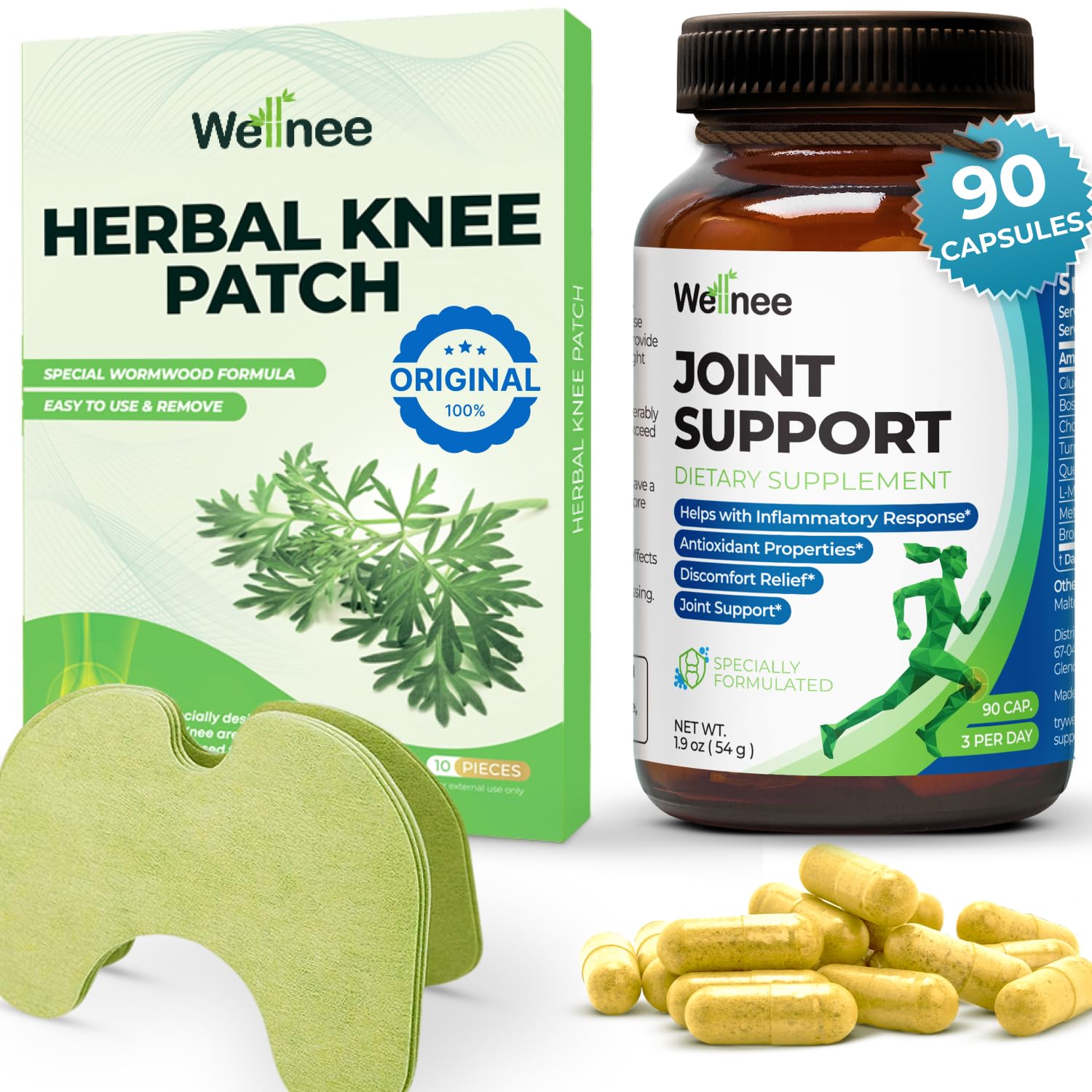Wellnee Knee & Joint Wellness Bundle – Herbal Patches (10 pcs) & Support Capsules (90 servings) Wellnee buy supplements canada