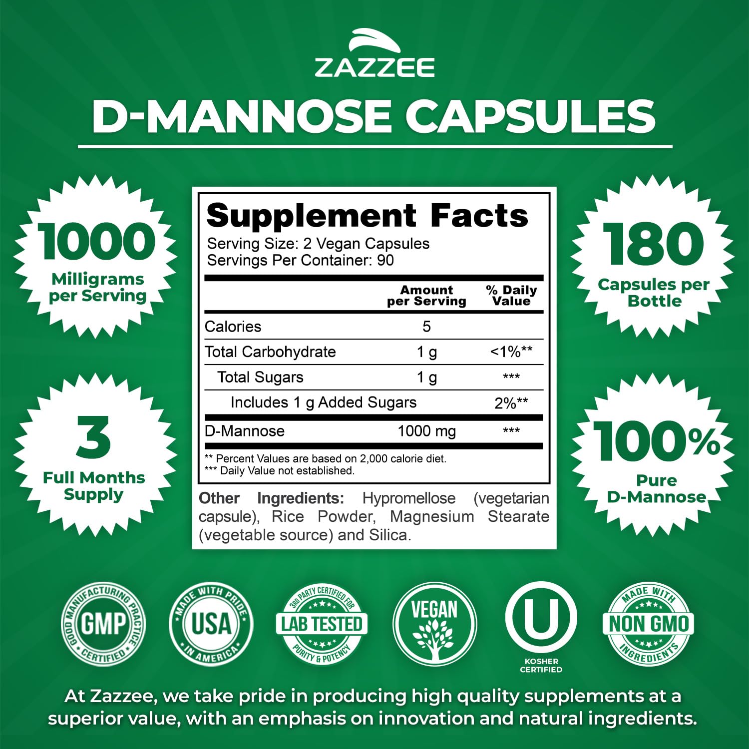 Zazzee D-Mannose, 1000 mg per Serving, 180 Vegan Capsules, 3 Month Supply, Potent & Fast-Acting, Certified Kosher, 100% Pure, All-Natural Urinary Tract Health Support Zazzee buy supplements canada