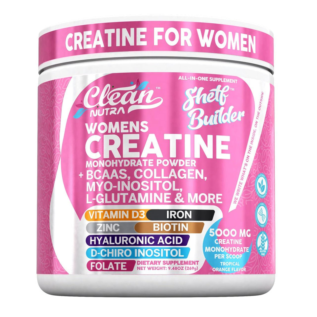 Creatine for Women | Creatine Monohydrate + Powder Myo-Inositol Collagen Biotin Hyaluronic Acid Folate L Glutamine Vitamin D3 Iron Zinc Clean Nutraceuticals buy supplements canada