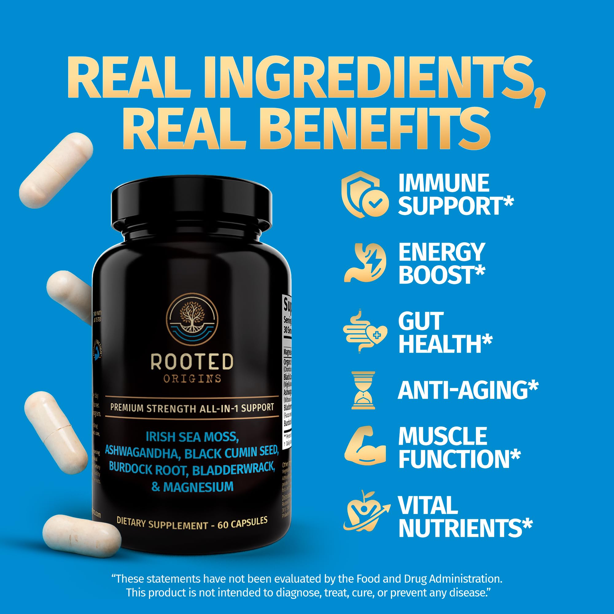 Rooted Origins Sea Moss Capsules – Irish Sea Moss Advanced, Magnesium, Ashwaghanda, Black Seed Oil, Burdock Root & Bladderwrack – Immune Support, Gut Health, Energy, & More – 60 Capsules Rooted Origins buy supplements canada
