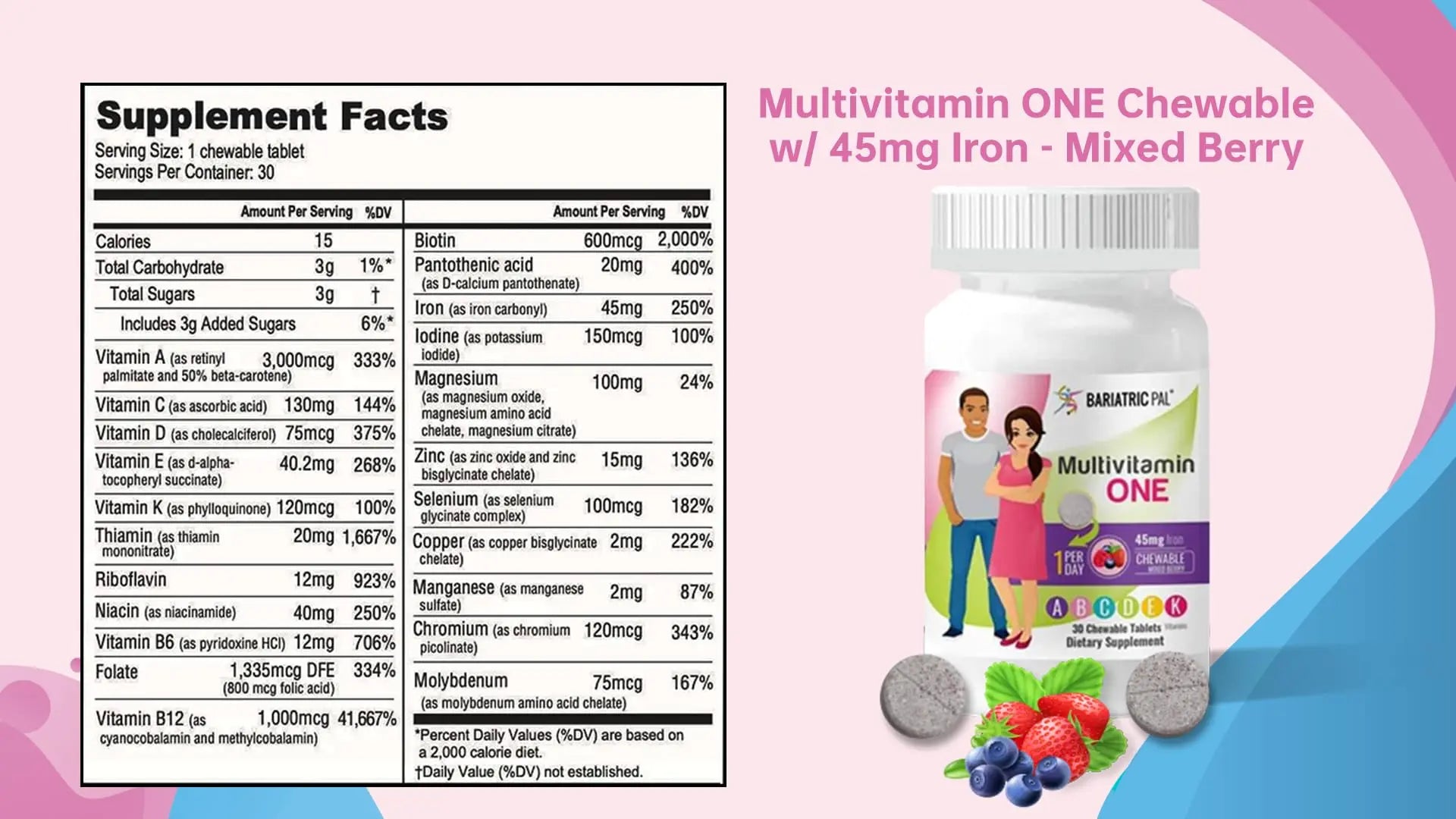 BariatricPal Multivitamin ONE 1 per Day! Bariatric Multivitamin Chewable with 45mg Iron - Mixed Berry (30 Count) BariatricPal buy supplements canada