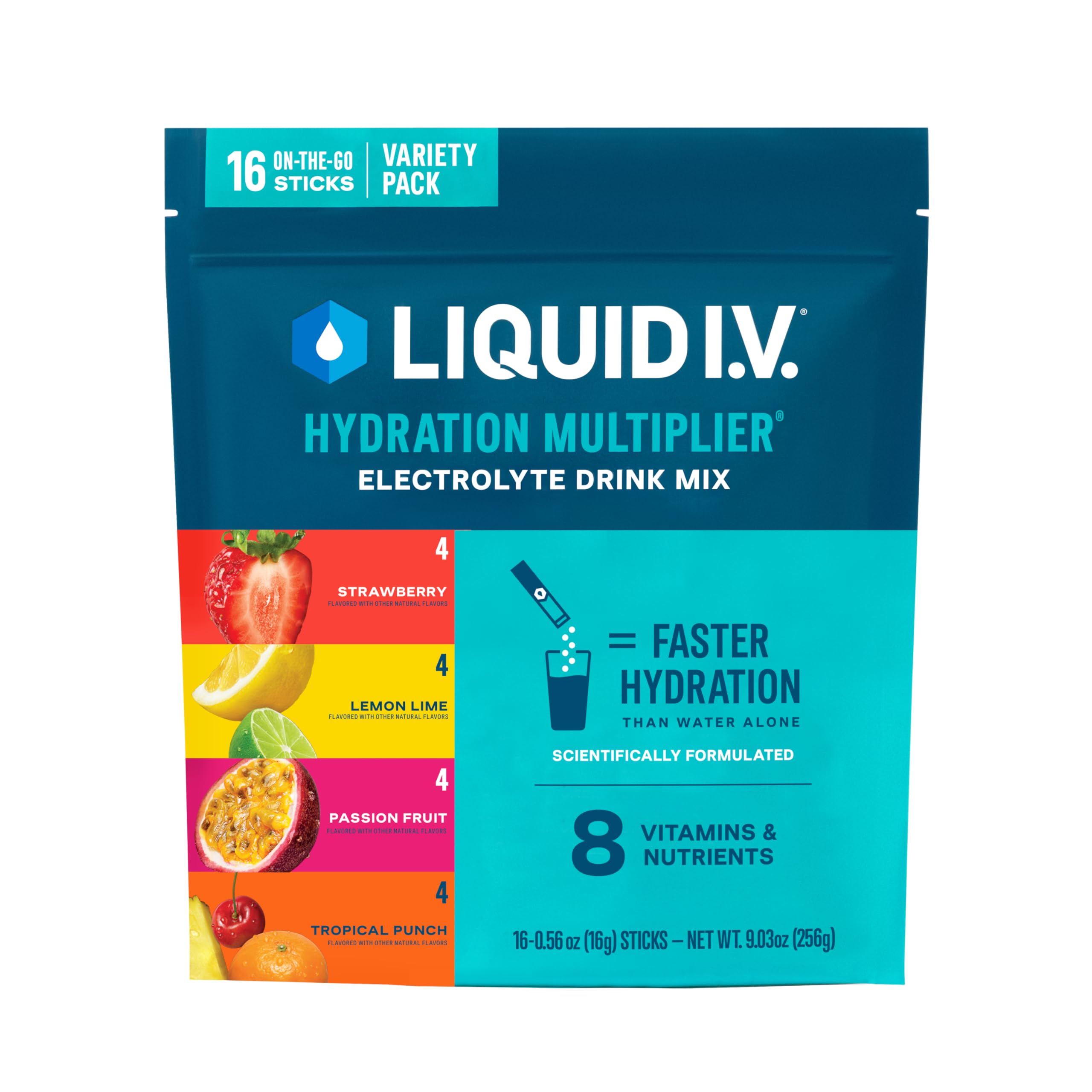 Liquid I.V.® Hydration Multiplier - Variety Pack - Lemon Lime, Passion Fruit, Strawberry, Tropical Punch | Electrolyte Powder Drink Mix | 1 Pack (16 Servings) Liquid I.V. buy supplements canada