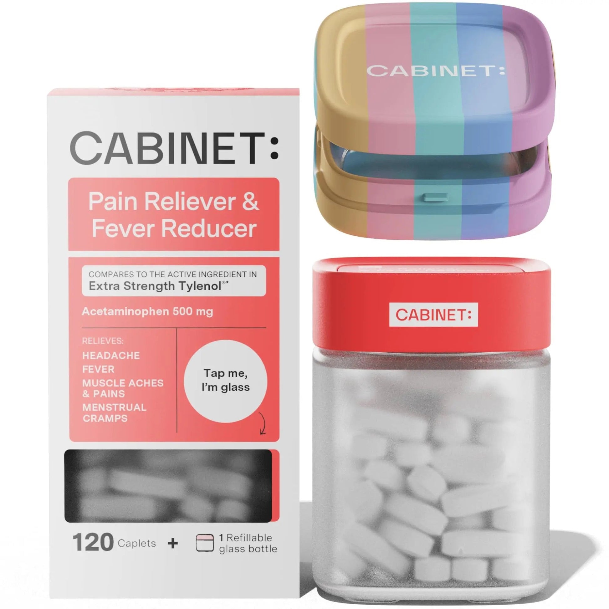 Cabinet: 500mg Acetaminophen for Headache Relief, Toothaches, Sore Throat, and Fever Reducer, Includes 1 Refillable Medicine Jar, 120 Tablets Refillable Glass Jar - w/Travel Tin Cabinet: buy supplements canada