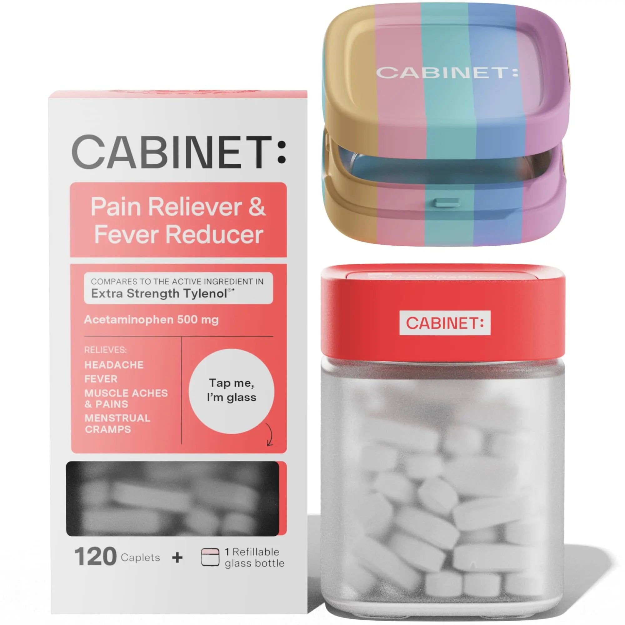 Cabinet: 500mg Acetaminophen for Headache Relief, Toothaches, Sore Throat, and Fever Reducer, Includes 1 Refillable Medicine Jar, 120 Tablets Refillable Glass Jar - w/Travel Tin Cabinet: buy supplements canada