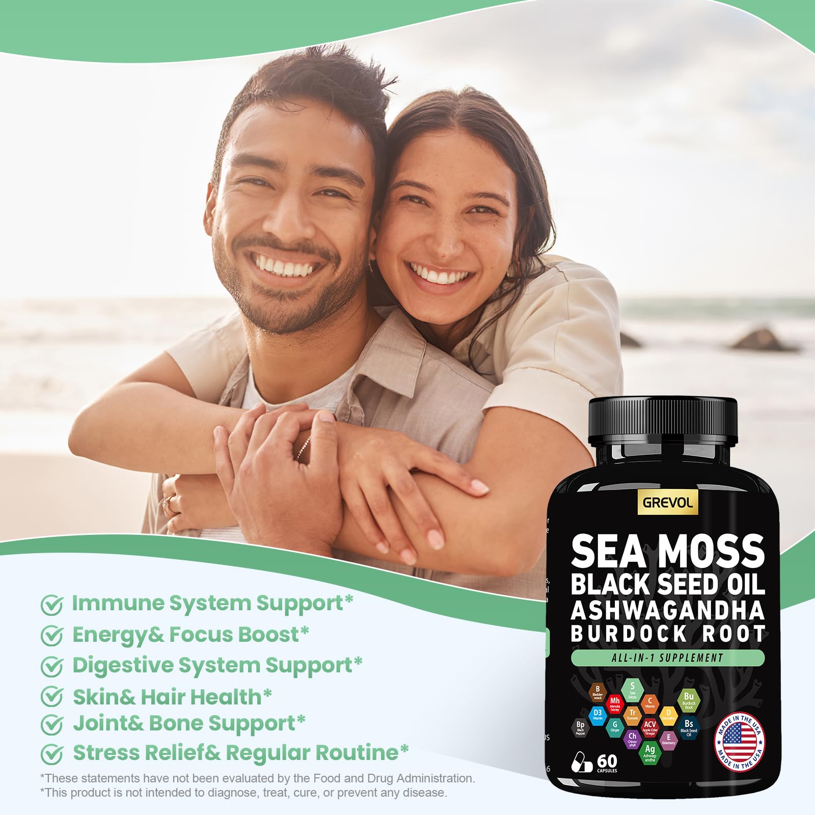 Sea Moss Black Seed Oil Ashwagandha Bladderwrack Burdock Root Turmeric & Vitamin C D3 Elderberry ACV Black Pepper - Multimineral Supplement - 60 Count Grevol buy supplements canada