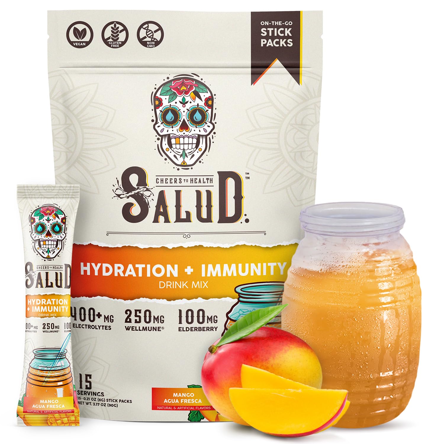 Salud 2-in-1 Hydration Packets + Immunity Electrolytes Powder, Mango - Agua Fresca Drink Mix, Elderberry, Dairy & Soy Free, Non-GMO, Gluten Free, Taste Salud buy supplements canada