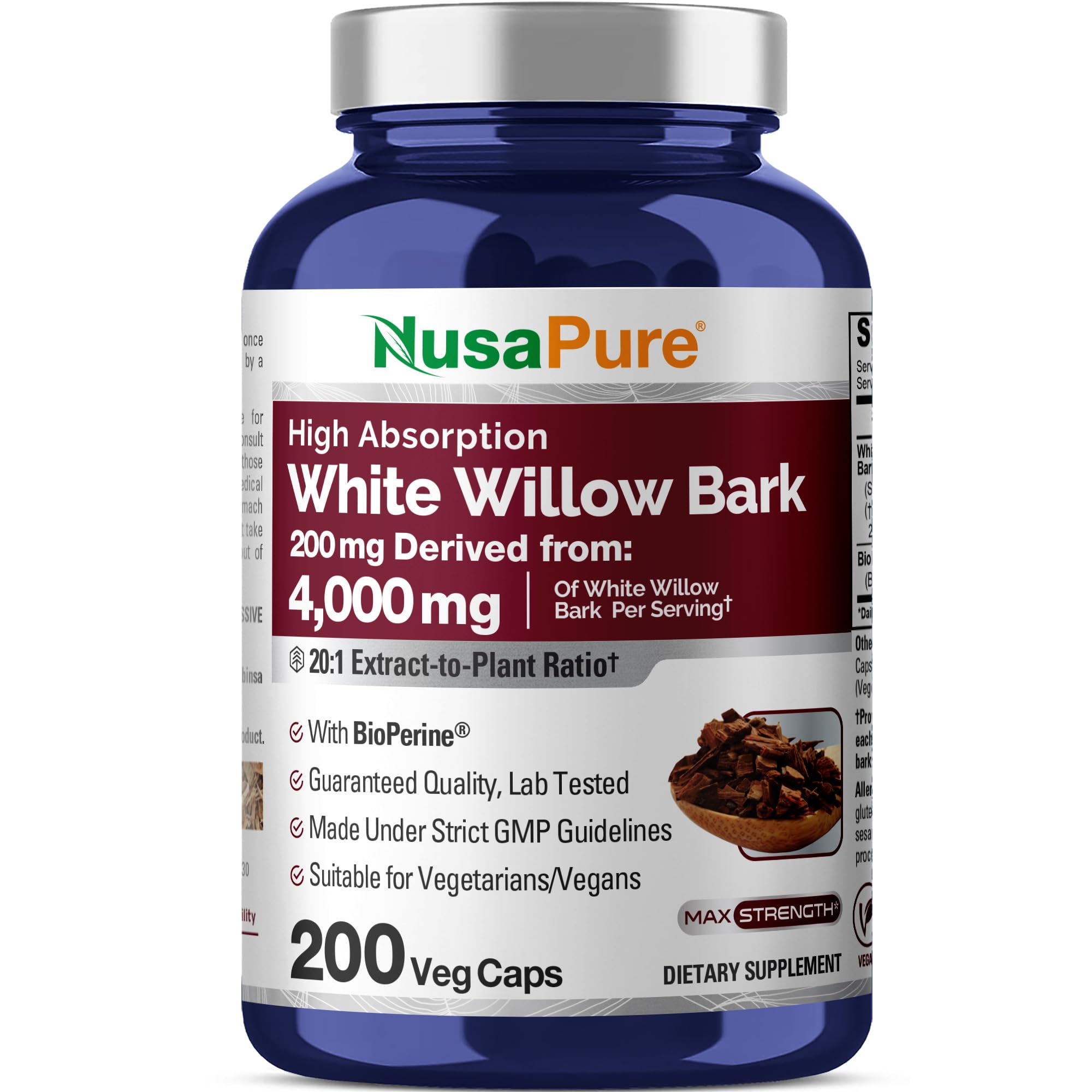 NusaPure White Willow Bark 20:1 Extract, 200 mg Equivalent to 4000mg, 200 Veggie Capsules, Max Strength, (Non-GMO, Vegan) NusaPure buy supplements canada