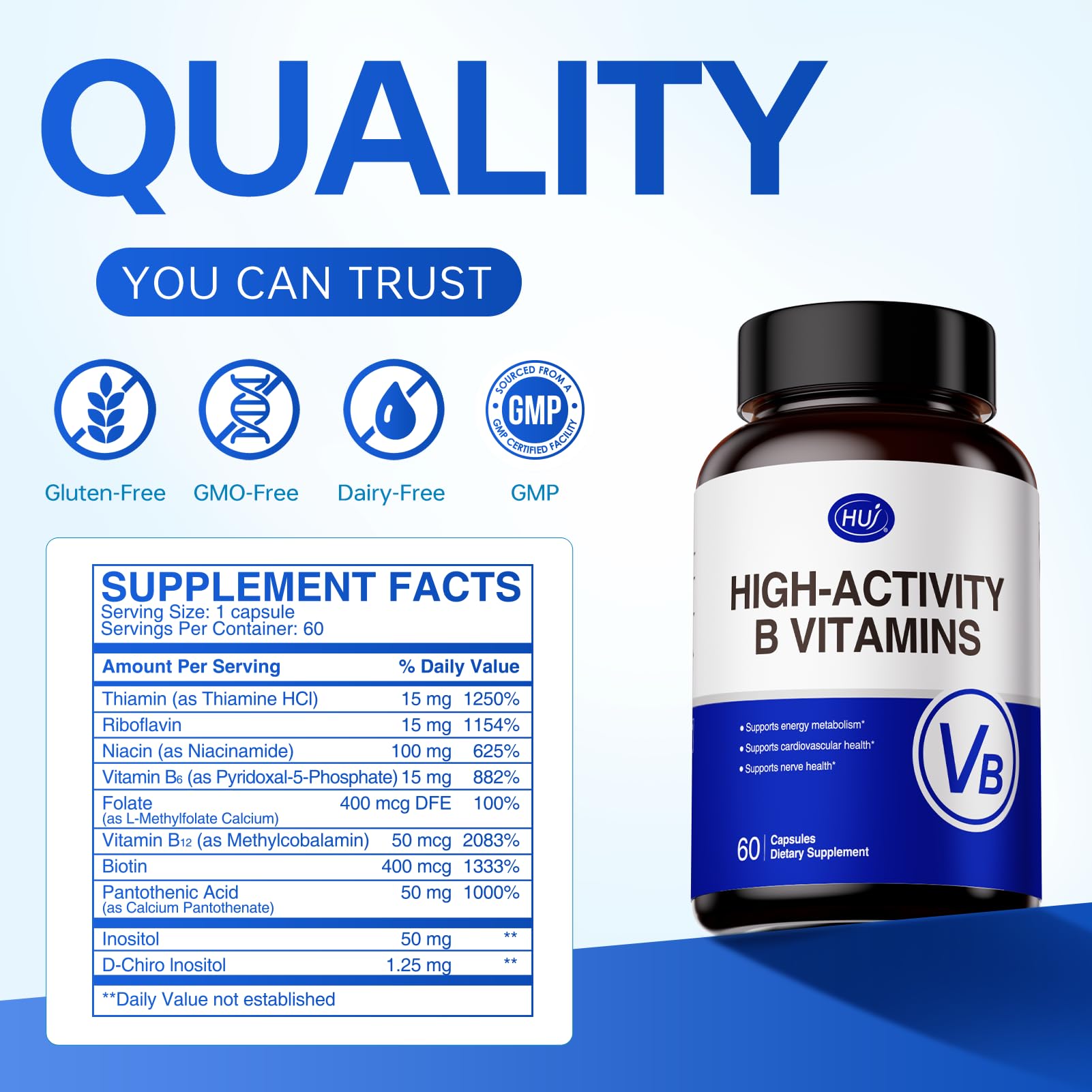 HUJ High-Activity B Vitamins - Supports Normal Energy Metabolism & Nerve System Health - Supplement with 8 B Vitamins, Inositol and D-Chiro Inositol - 60 Capsules. HUJ buy supplements canada