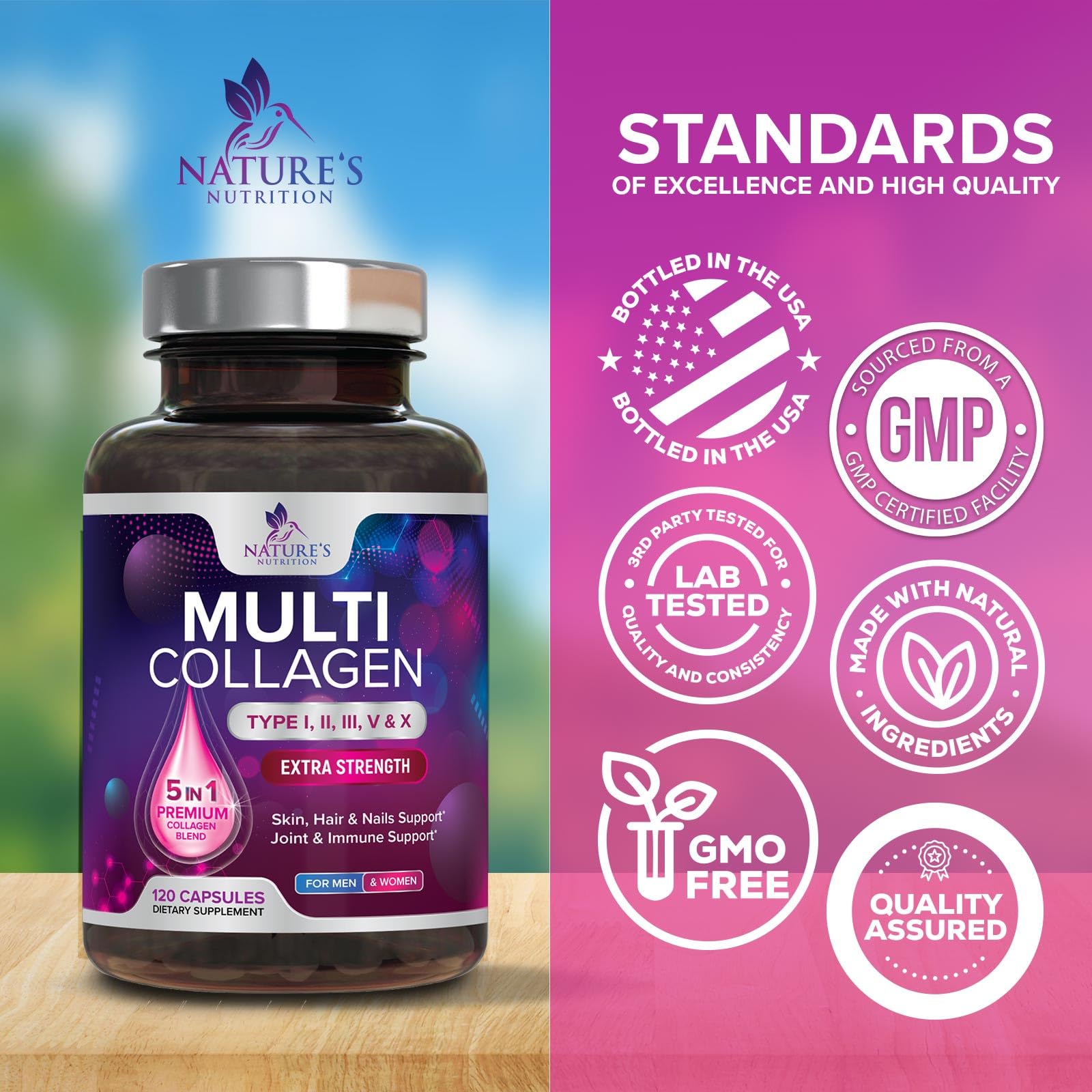 Multi Collagen Pills 2400 mg - Advanced Types I, II, III, V, X - Hydrolyzed Multi Collagen Peptides Pills, Collagen Supplements for Women & Men - Hair, Skin, & Nail Support Supplement - 120 Capsules Nature's Nutrition buy supplements canada