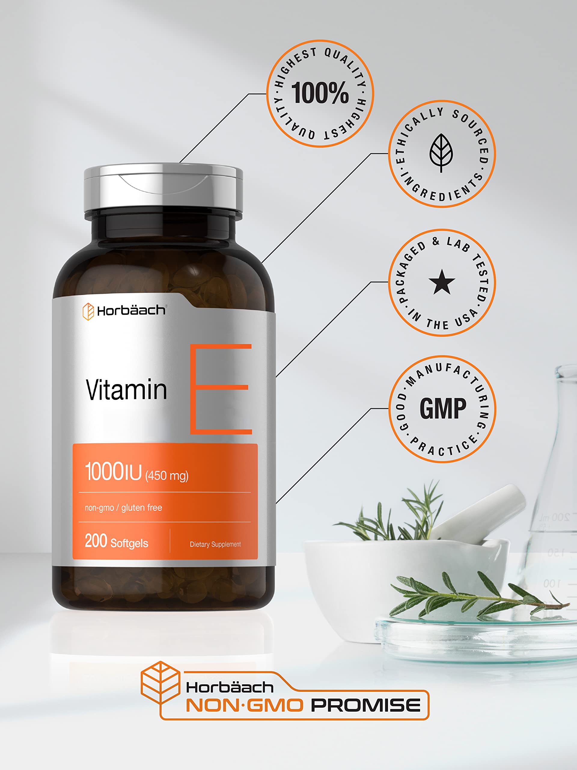 Vitamin E 1000 IU Softgel Capsules | 200 Count | Non-GMO, Gluten Free, Preservative Free Horbäach buy supplements canada