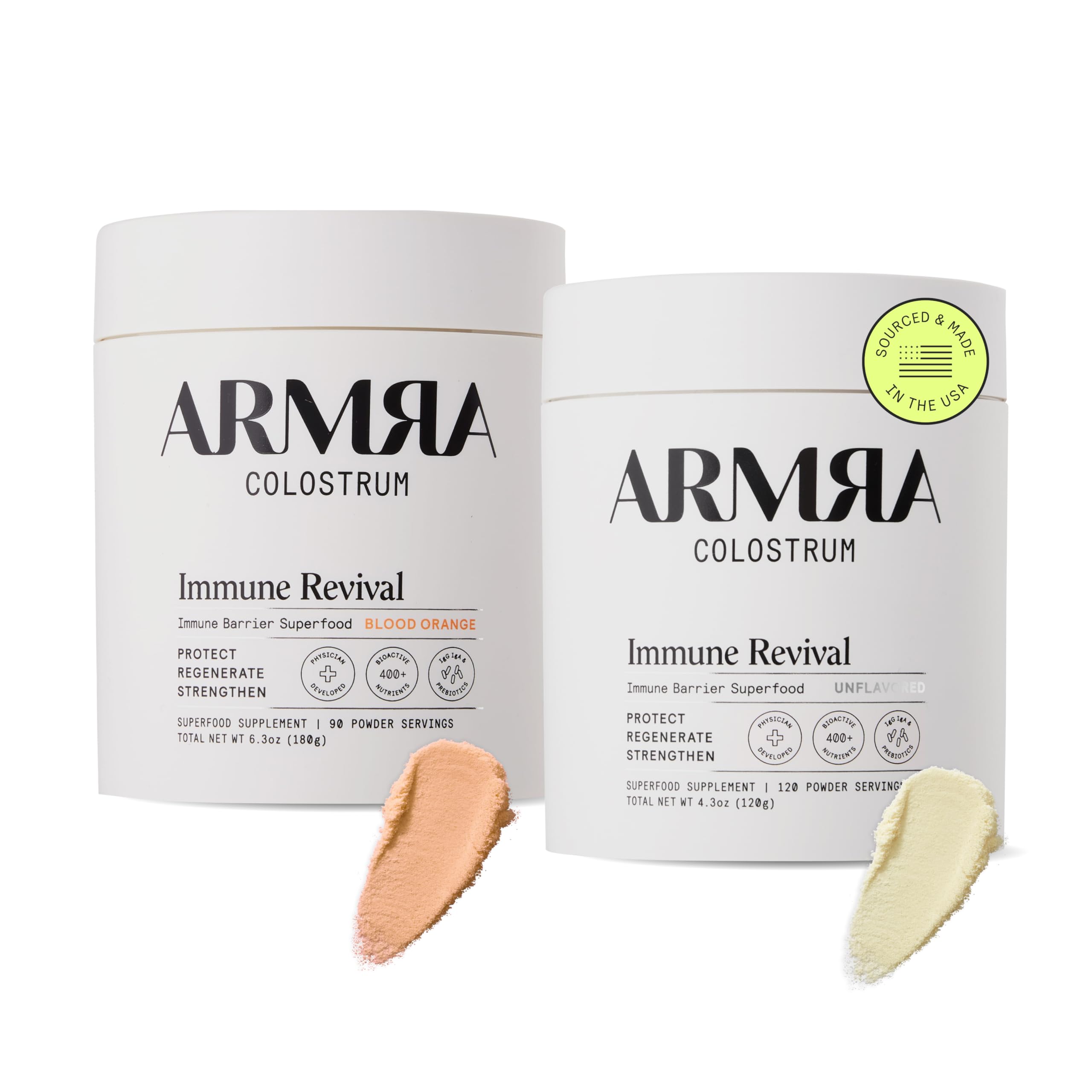 ARMRA Colostrum™ Premium Powder, Grass Fed, Gut Health Bloating Immunity Skin & Hair, Contains 400+ Bioactive Nutrients, Potent Bioavailable, Keto, Gluten & Fat Free (Unflavored and Blood Orange Jars) ARMRA buy supplements canada
