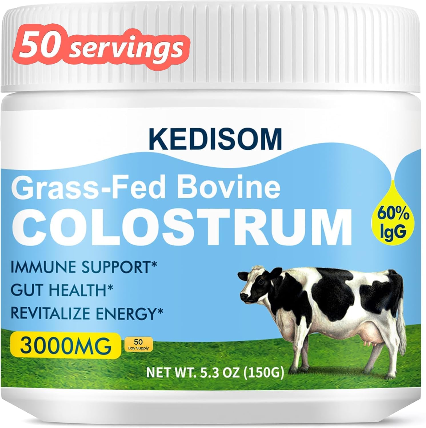 KEDISOM Grass-Fed Bovine Colostrum Supplement Powder - 60% High IgG 3000 mg for Gut Health, Immune Support - Easy to Mix Natural Liposomal Colostrum Superfood, Unflavored, 50 Servings KEDISOM buy supplements canada