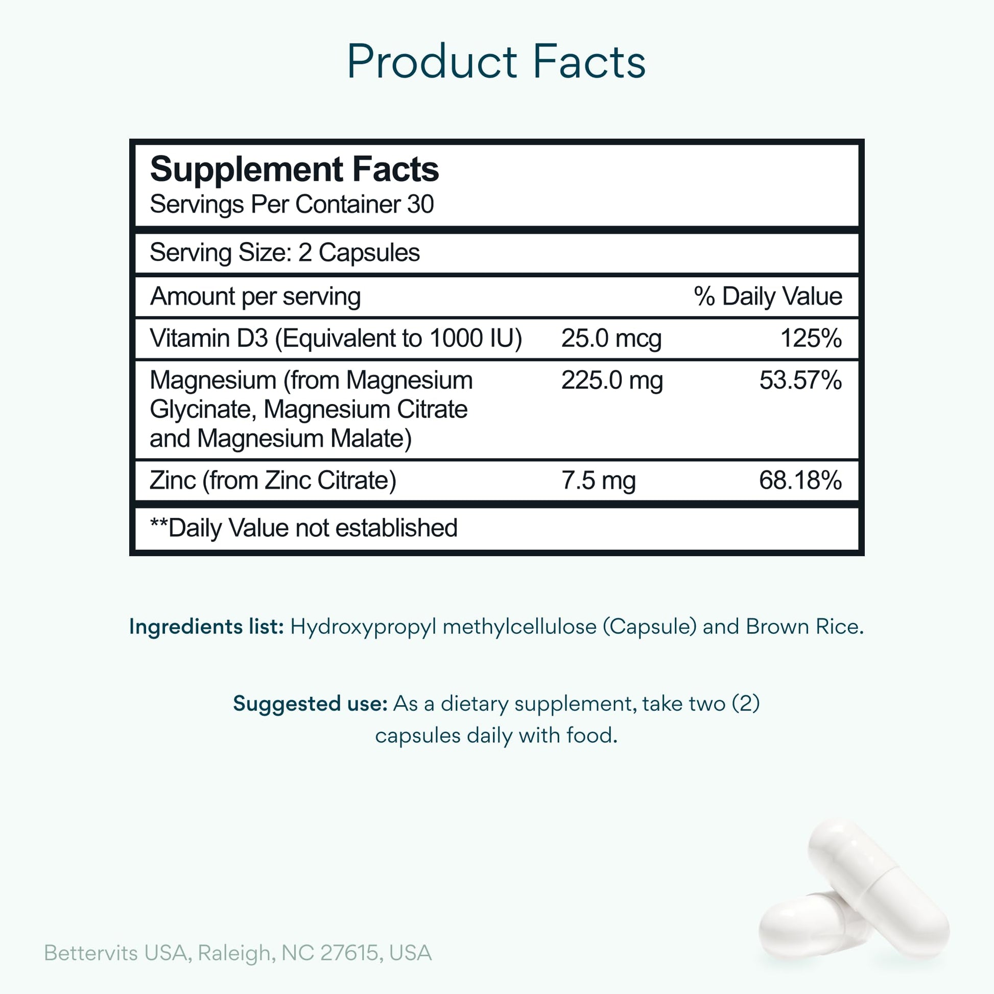 Bettervits Magnesium Glycinate Complex with Citrate Malate Zinc & Vitamin D3 | High Absorption Pure Magnesium 225mg Supplement Chelated Formula for Muscle Relaxation, Sleep Support – 60 Capsules Bettervits buy supplements canada