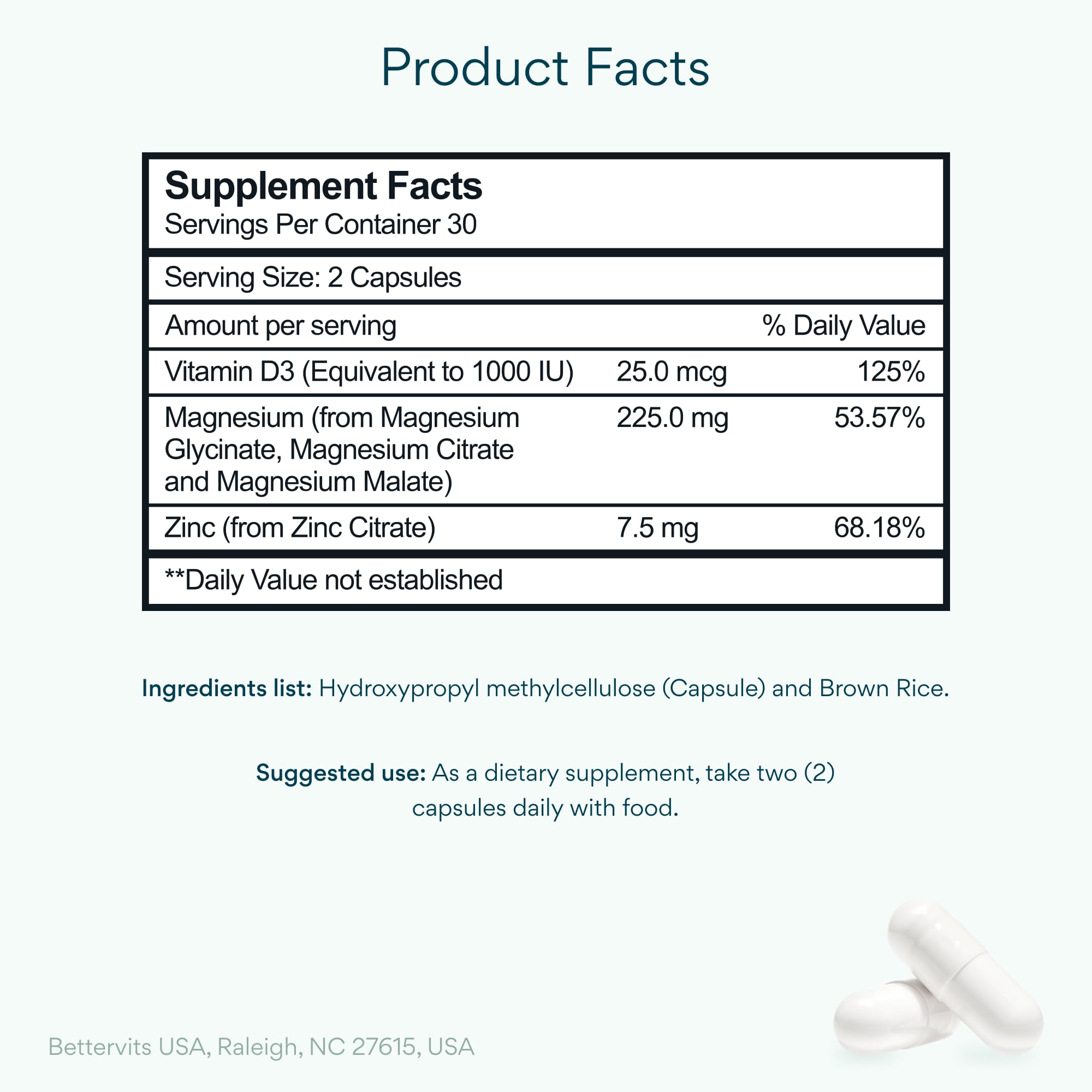 Bettervits Magnesium Glycinate Complex with Citrate Malate Zinc & Vitamin D3 | High Absorption Pure Magnesium 225mg Supplement Chelated Formula for Muscle Relaxation, Sleep Support – 60 Capsules Bettervits buy supplements canada