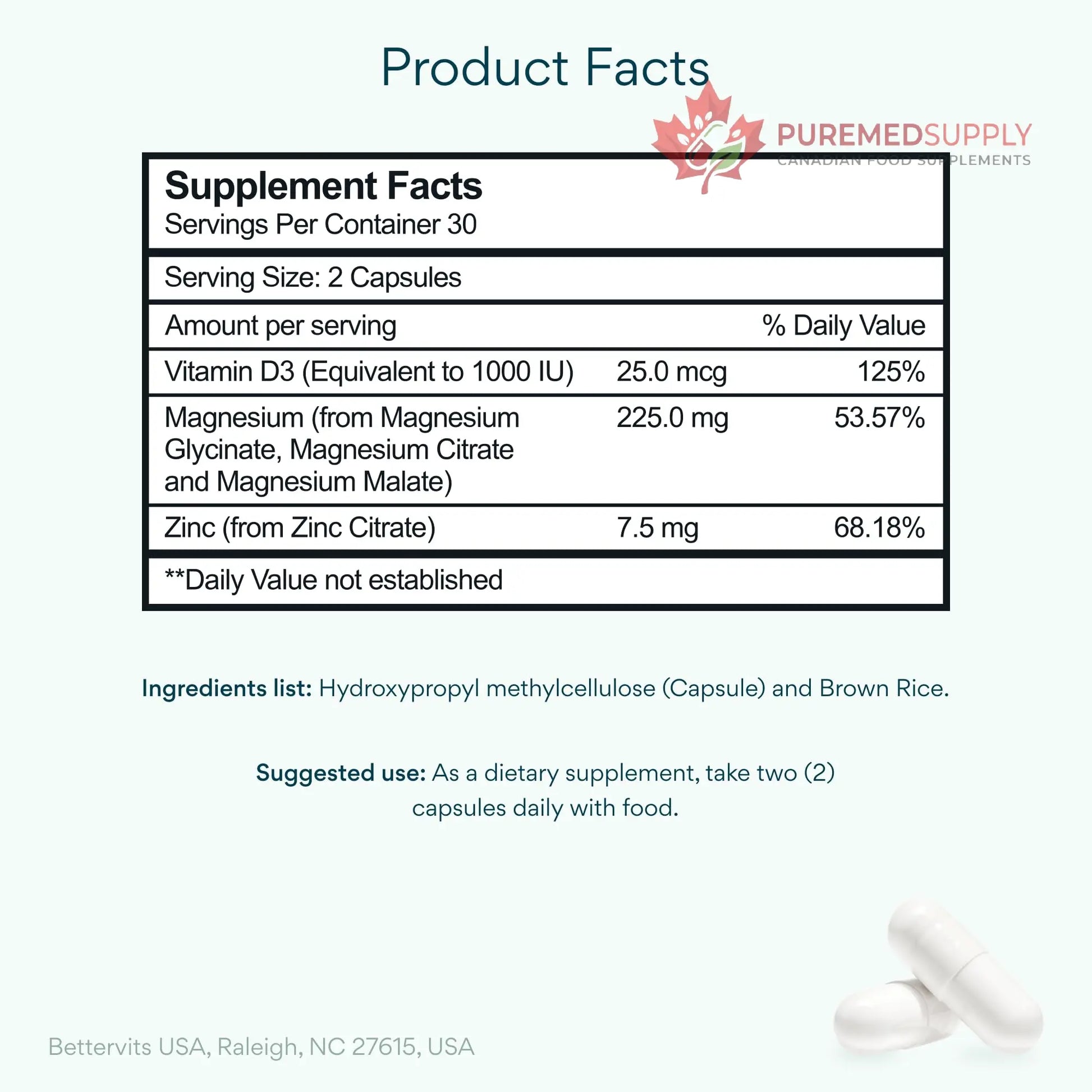 Bettervits Magnesium Glycinate Complex with Citrate Malate Zinc & Vitamin D3 | High Absorption Pure Magnesium 225mg Supplement Chelated Formula for Muscle Relaxation, Sleep Support – 60 Capsules Bettervits buy supplements canada