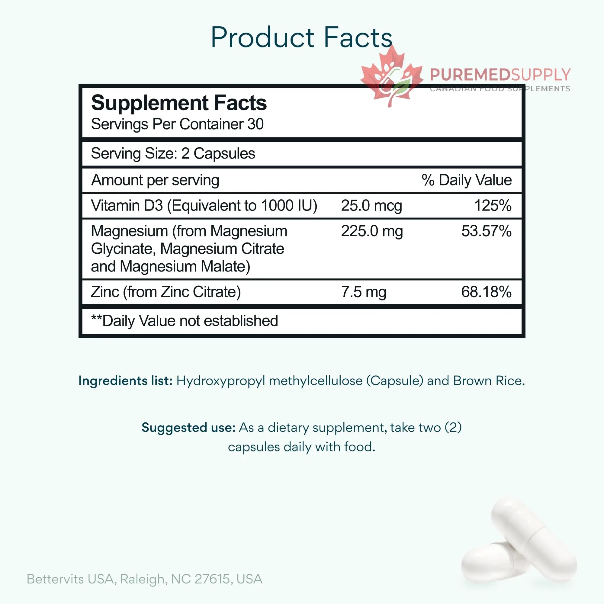 Bettervits Magnesium Glycinate Complex with Citrate Malate Zinc & Vitamin D3 | High Absorption Pure Magnesium 225mg Supplement Chelated Formula for Muscle Relaxation, Sleep Support – 60 Capsules Bettervits buy supplements canada