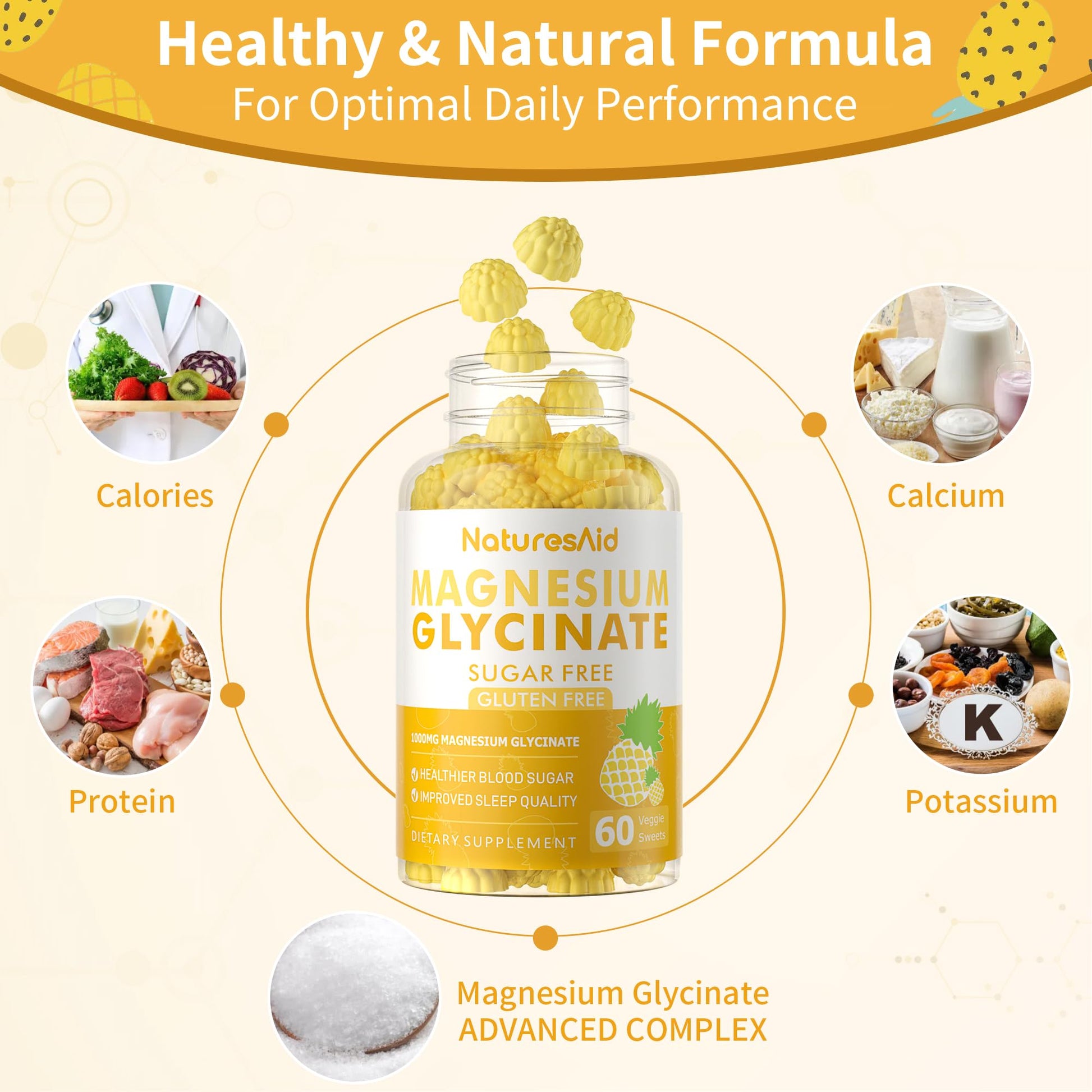 Magnesium Glycinate Gummies 1000mg - Sugar Free Magnesium Potassium Supplement with Vitamin D, B6, CoQ10 for Calm Mood & Sleep Support - 60 Pineapple Gummies -1 Pack Natures Aid buy supplements canada