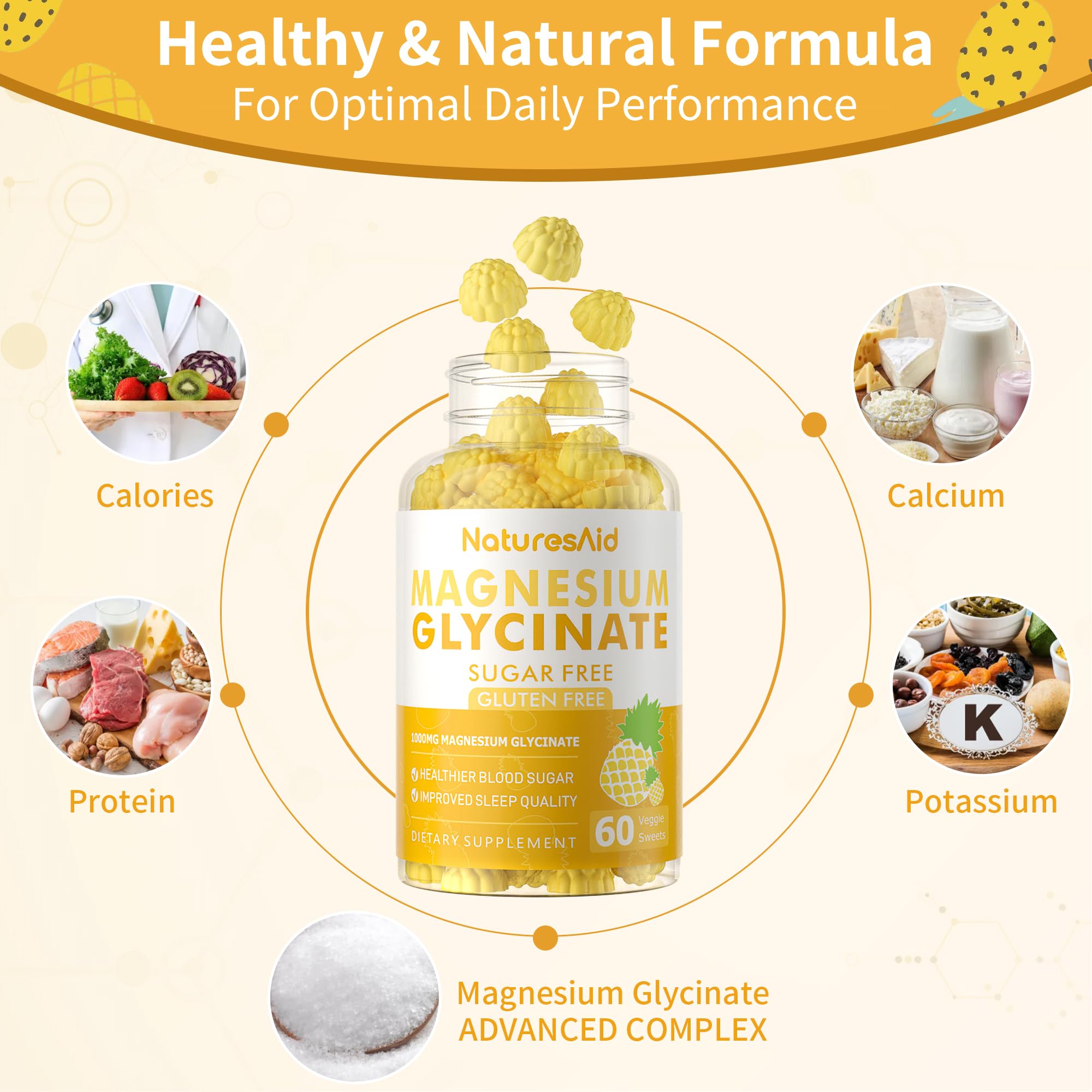 Magnesium Glycinate Gummies 1000mg - Sugar Free Magnesium Potassium Supplement with Vitamin D, B6, CoQ10 for Calm Mood & Sleep Support - 60 Pineapple Gummies -1 Pack Natures Aid buy supplements canada