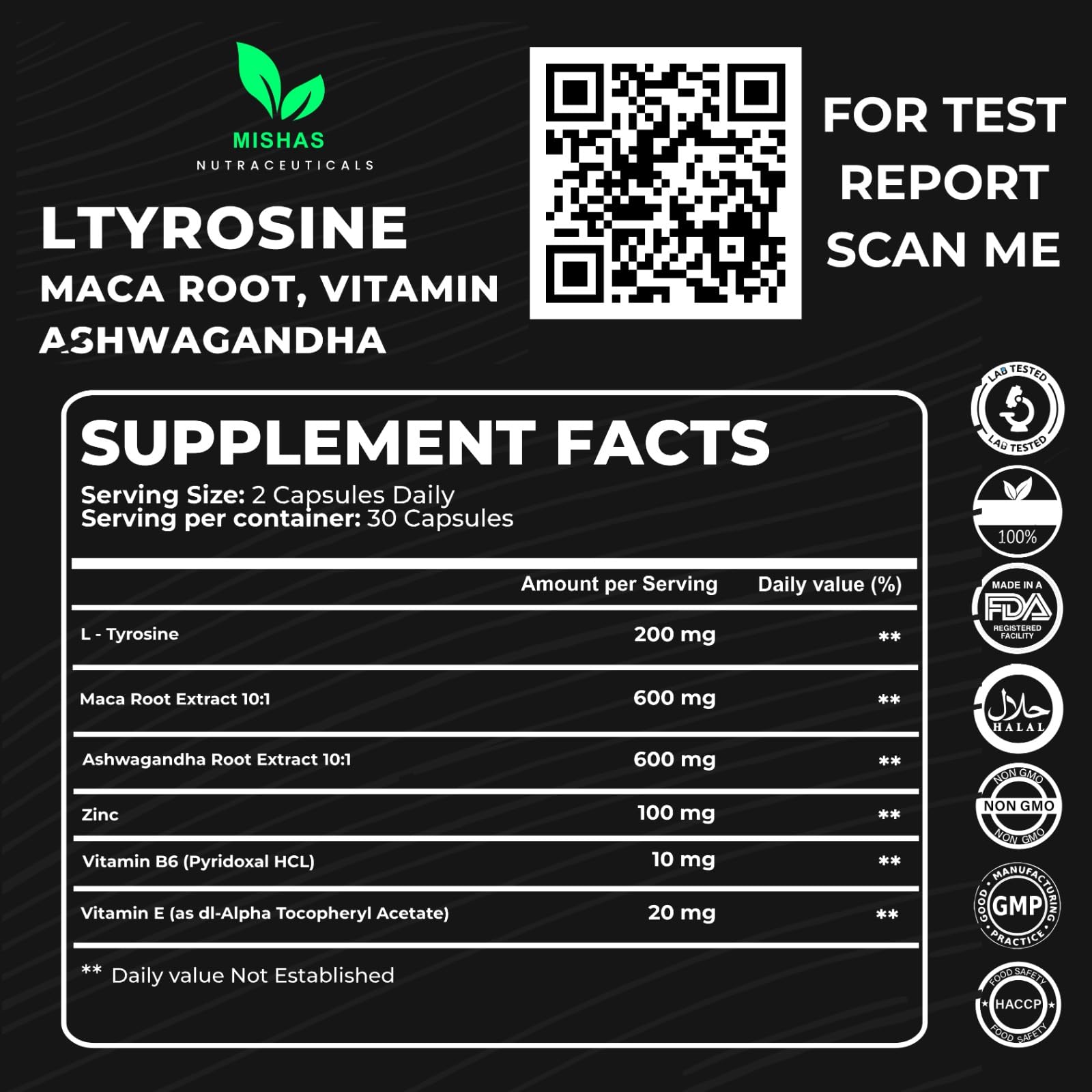 Mishas Nutraceuticals L-Tyrosine with Maca Root, Ashwagandha & Vitamins Complex – Energy, Mental Focus, Stress Relief & Immunity Support – 60 Capsules (30 Servings) Mishas buy supplements canada