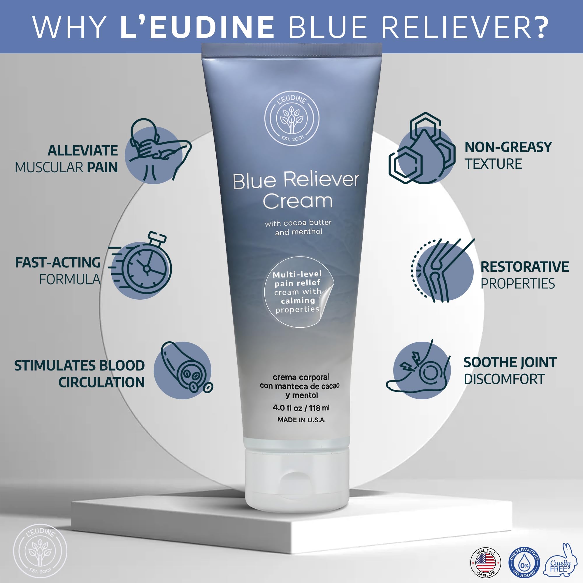 L'EUDINE Blue Reliever Cream – Joint and Muscle Therapy, Body Cream with Cocoa Butter and Menthol L'eudine buy supplements canada