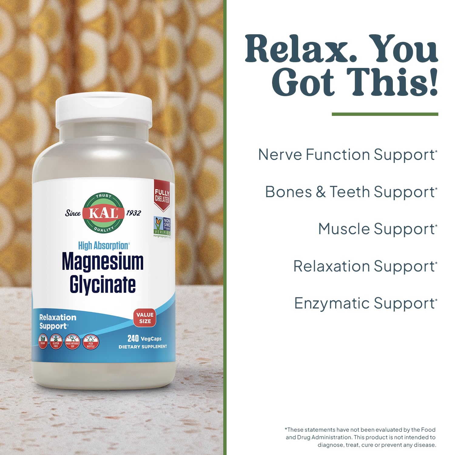 KAL Magnesium Glycinate, New & Improved Fully Chelated High Absorption Formula with BioPerine, Bisglycinate Chelate for Stress, Relaxation KAL buy supplements canada