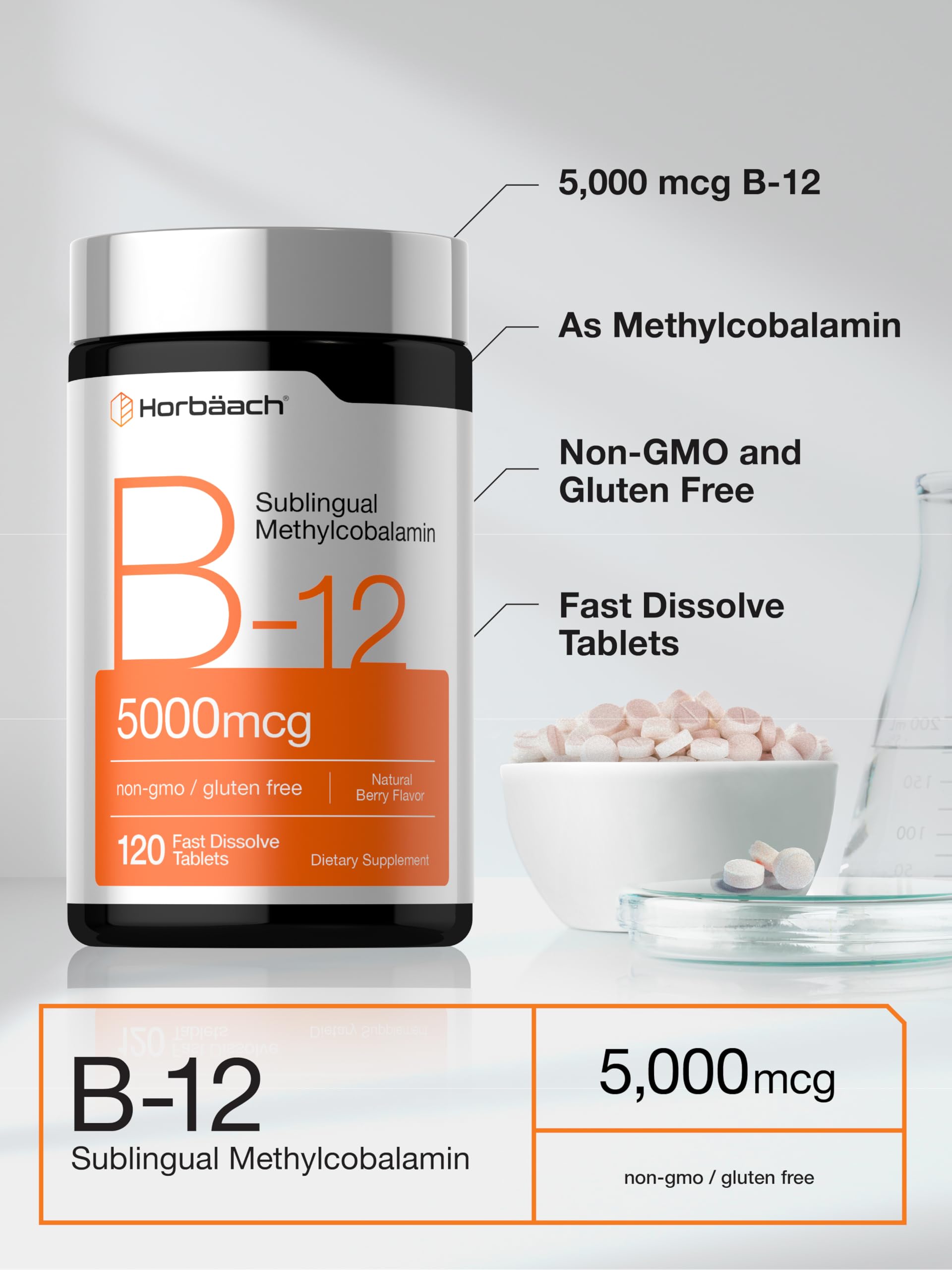 Horbäach B12 Vitamin 5000 mcg | 120 Fast Dissolve Tablets | Sublingual Methylcobalamin | Natural Berry Flavor | Vegan, Non-GMO Horbäach buy supplements canada