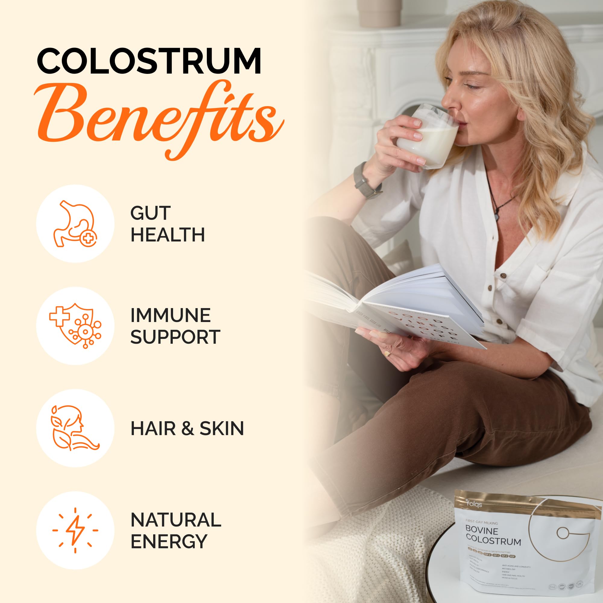 Folqs Bovine Colostrum Powder – First-Day Milking for Immune & Gut Support – 60 Servings – Supports Skin & Tissue Health – Made in USA - Amino Acids, Vitamins, Minerals – Kosher - Sustainably Sourced Folqs buy supplements canada