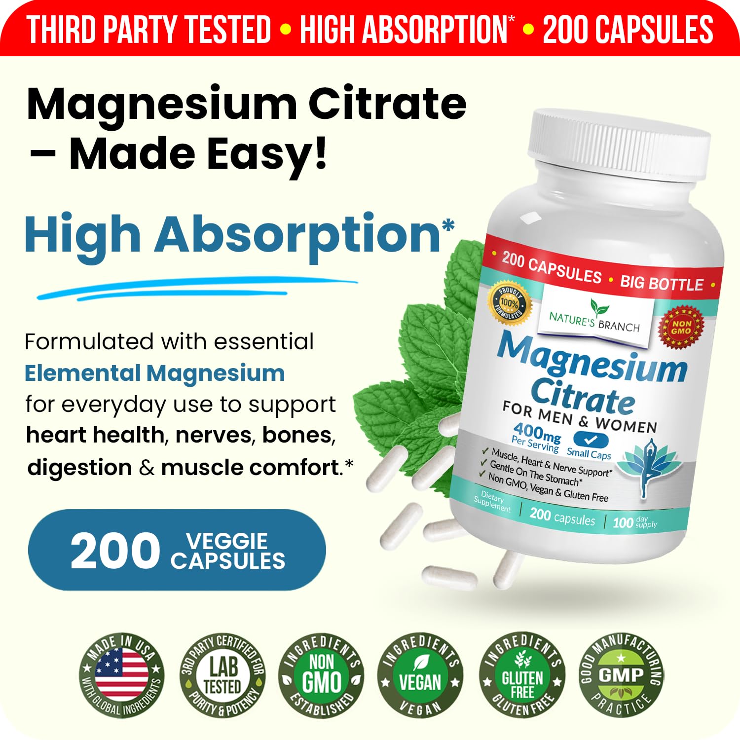Magnesium Citrate 400mg | 200 Capsules, High Absorption for Sleep, Relax, Leg Cramps, Energy, Extra Strength Easy to Swallow Small Pills for Women & Men, Vegan Supplement for Digestion, Not Tablets NATURE'S BRANCH buy supplements canada