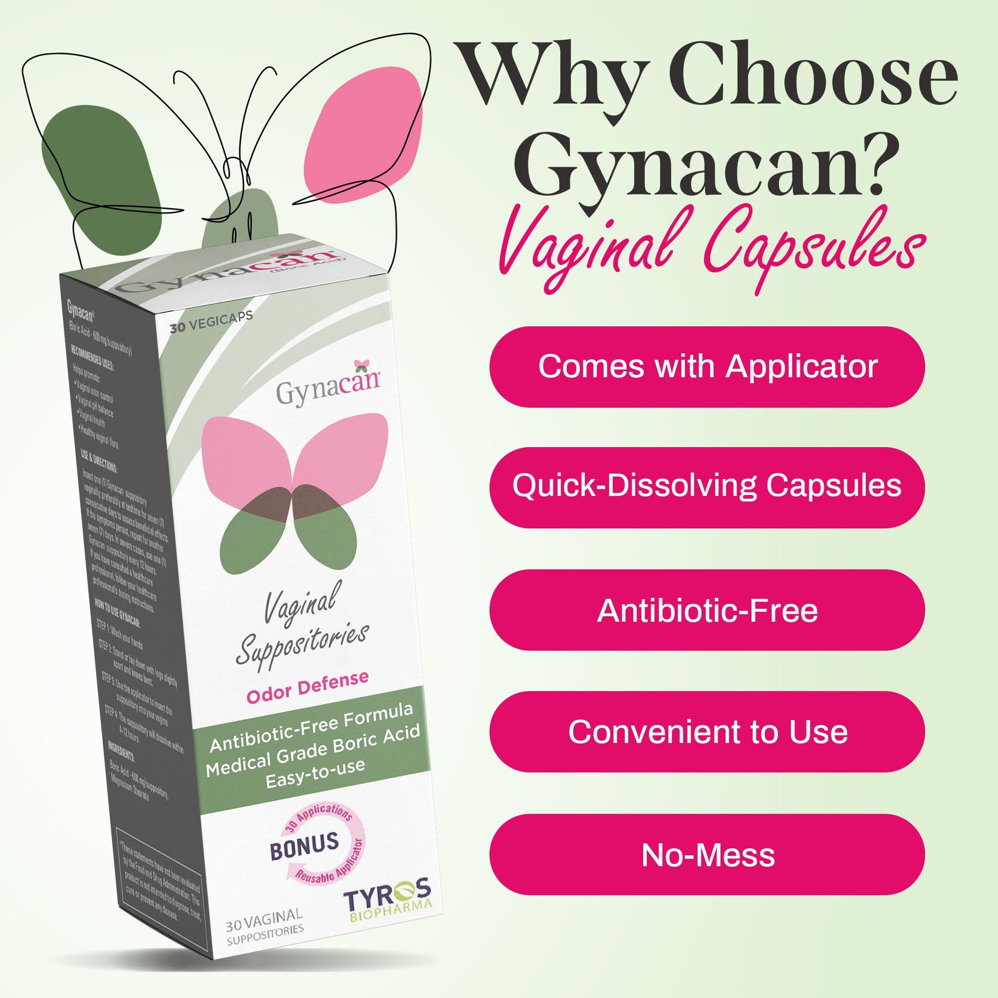 Gynacan Boric Acid Suppositories for Women - pH Balance Vaginal Treatment for Women Odor Prevention, Pure Formula, No-Mess Applicator, Gentle & Effective Gynacan buy supplements canada